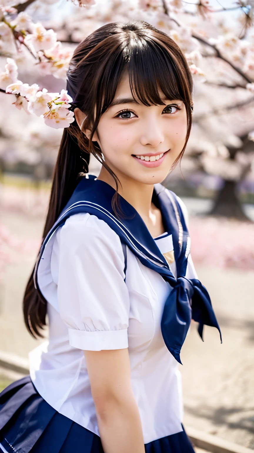 (((beautiful japanese high school girl))) 、1 person、twin tails、(((At the cherry blossom trees in bloom)))、((doing a sexy pose))、(((Revealing sailor suit)))、(((Glamour)))、((smile))、photorealistic、With a clearer image、beautiful detailed eyes、hyper realism、high contrast、Ultra HD、realistic skin texture、Highest image quality、highest quality、ultra high resolution、Finely detailed、very carefully
