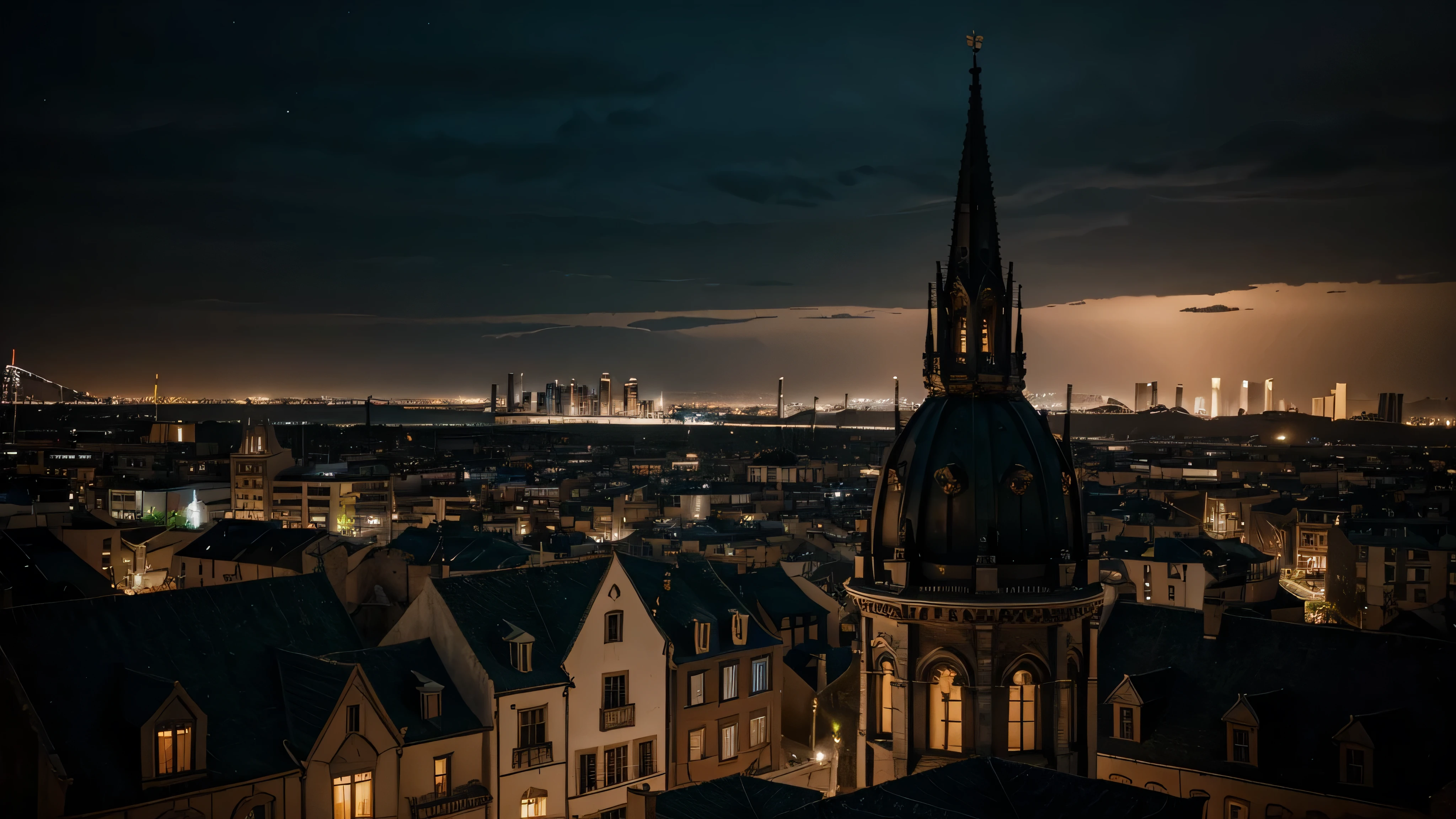 A gothic style city, hiper realista, 8K, de altos edificios y calles iluminadas, Photographic style.