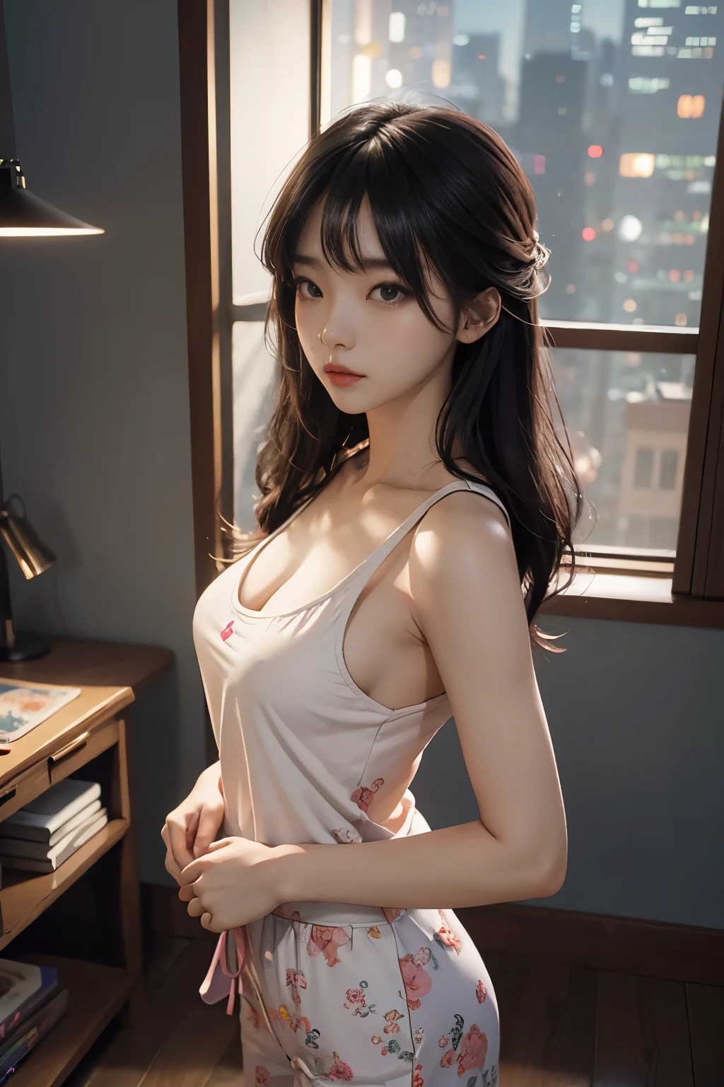beautiful korean girl looks like 4D painting, 25 yo(1 girl, standing) (view), straight parting hair, hair bang, hair pin, ideal tits, tank top and deep-v pajama, in room, night (window night background), vibrant colours, studio light, ultra detailed, gentle light, 3D animation