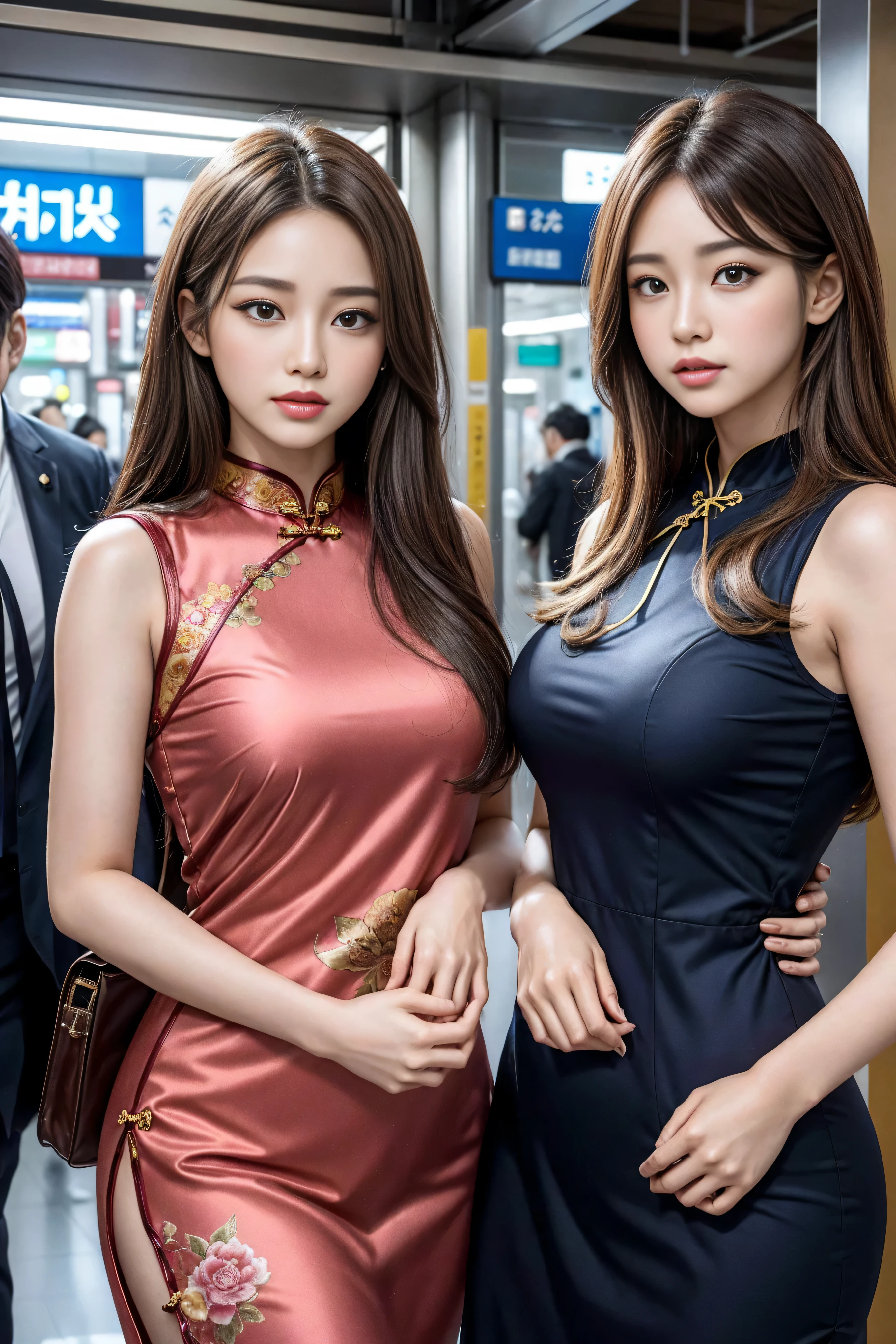 (2 girls), beautiful, amazing face and eyes, long brown hair,cosmetic, (Extremely detailed beautiful face), (The sexiest look), (beautiful big breasts:1.1), (best quality:1.4), (super detailed), (Extremely detailed CG unified 8k wallpaper), Very detailed, original photo, Professional photography, ((cheongsam)), (紧身cheongsam), (超短cheongsam),东京metro station、metro station
