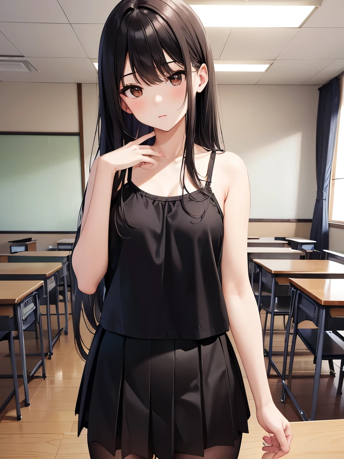best quality, Japanese、brown eyes、Slender、tall、8k、girl, highres,black hair、long hair、classroom、black camisole、black skirt、standing position、facing left