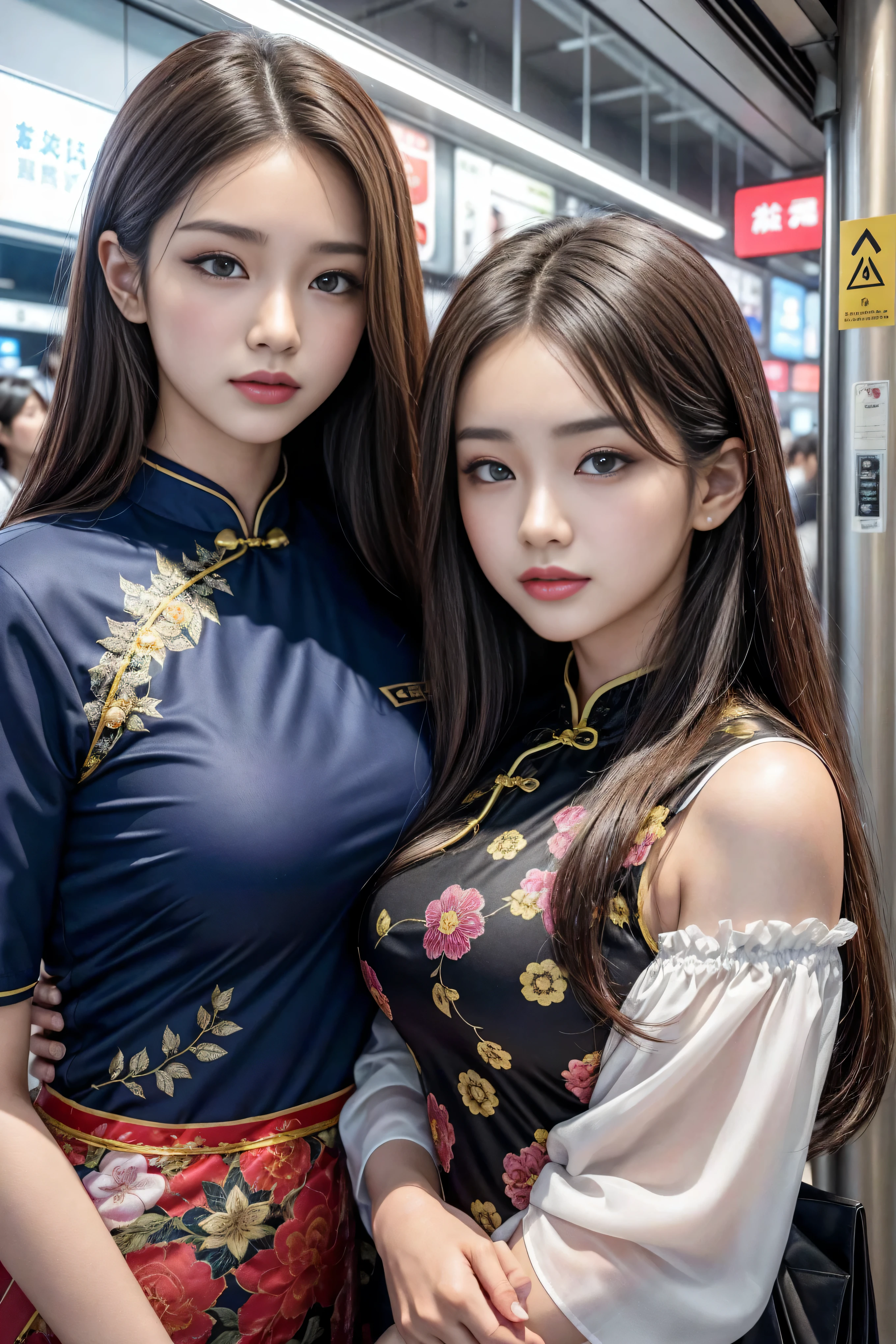 (2 girls), beautiful, amazing face and eyes, long brown hair,cosmetic, (Extremely detailed beautiful face), (The sexiest look), (beautiful big breasts:1.1), (best quality:1.4), (super detailed), (Extremely detailed CG unified 8k wallpaper), Very detailed, original photo, Professional photography, ((cheongsam)), (紧身cheongsam), (超短cheongsam),东京metro station、metro station