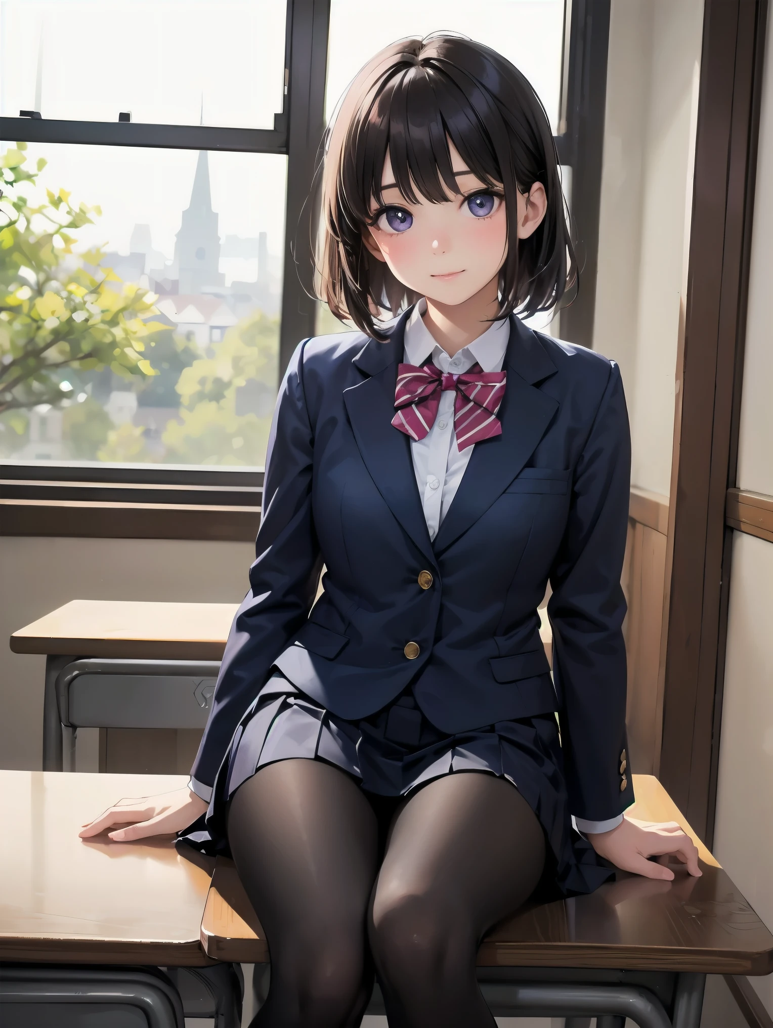 very cute and beautiful girl,(highly detailed beautiful face), (smile),blush,black hair,blue blazer uniform,ribbon,(pleated plaid mini skirt),standing,skirt lift,white panties, wooden classroom,window,distant trees and town, (best quality,masterpiece:1.0),absurdres,highres,ultra-detailed,extremely detailed,32k,8k resolution, intricate details,cinematic scene,detailed background,solo,dynamic angle,