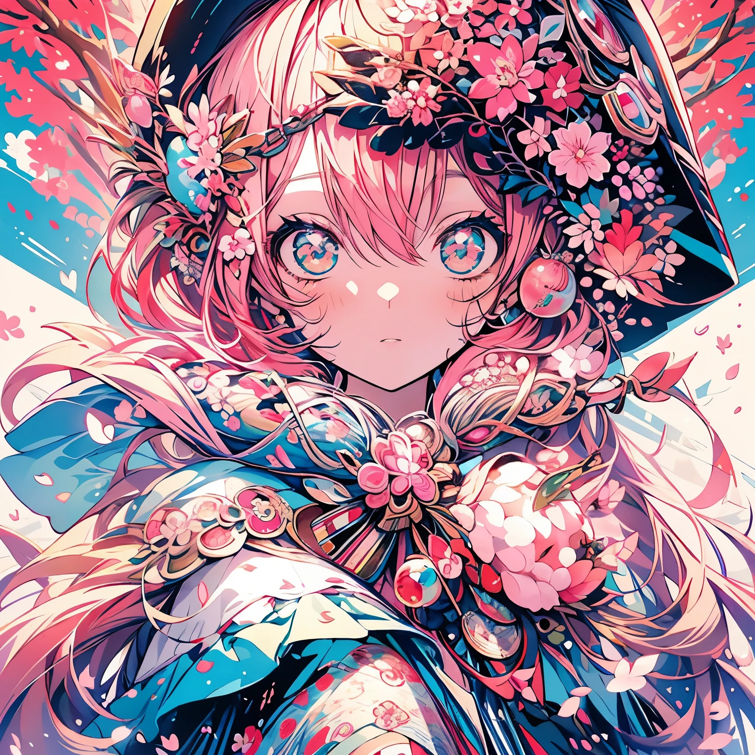 highest quality、masterpiece、anime girl、Hatsune Miku、pink hair、Cherry hair ornament、cherry blossom background、