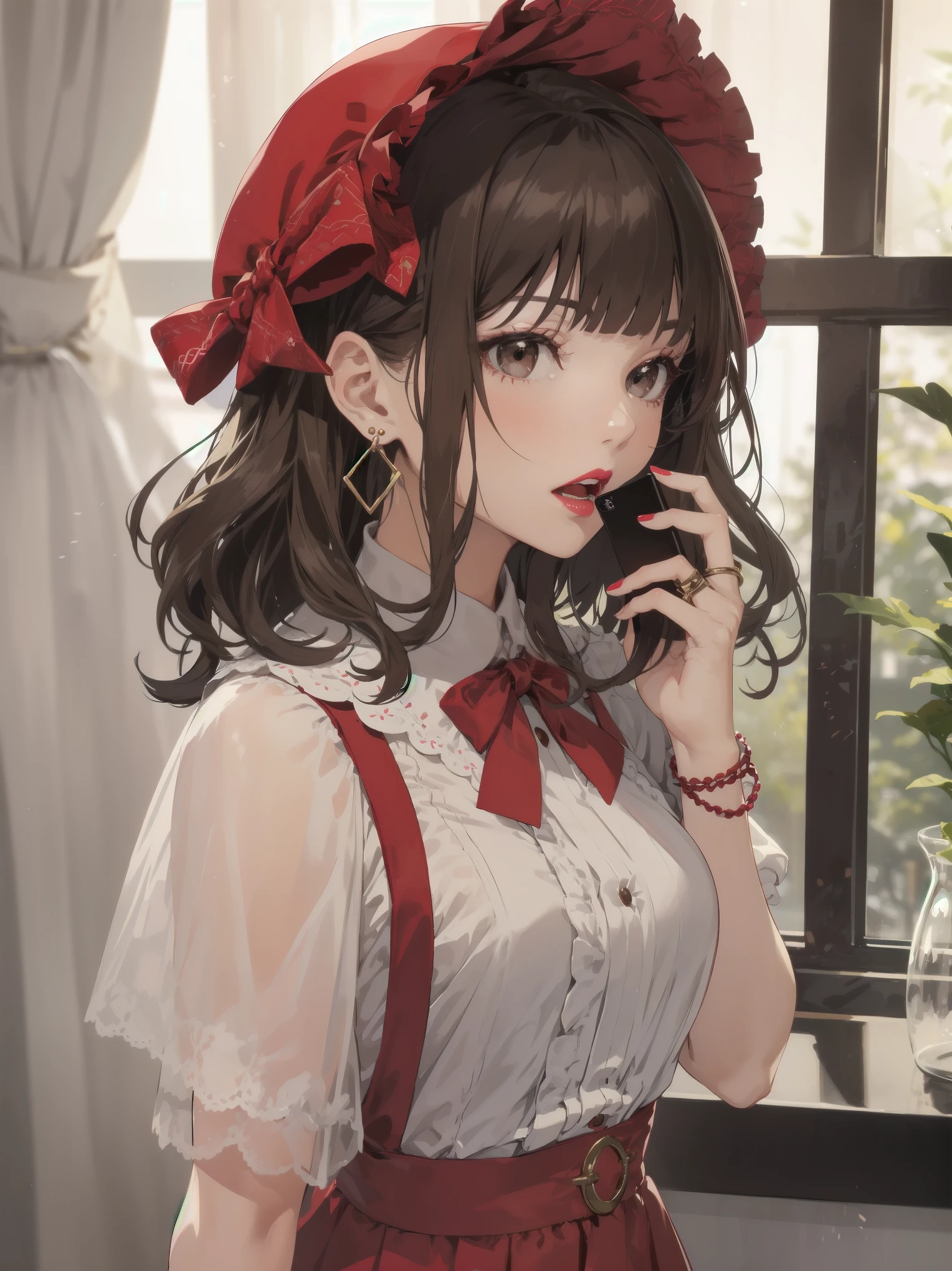 colorful, hezi, cosplay costume, beauty, stunning, 1girl, corded phone, solo, ring, jewelry, brown hair, realistic, talking on phone, phone, earrings, holding, parted lips, brown eyes, bangs, upper body, holding phone, curly hair, bow, looking to the side, bonnet, hair bow, blurry, lamp, lips, black eyes, indoors, blurry background, teeth, kettle, shirt, curtains, hand up, buttons, red lips, looking at viewer, medium hair, hat, nose, cellphone, red dress, dress, short sleeves, short hair, looking away, blunt bangs, open mouth, window, lipstick