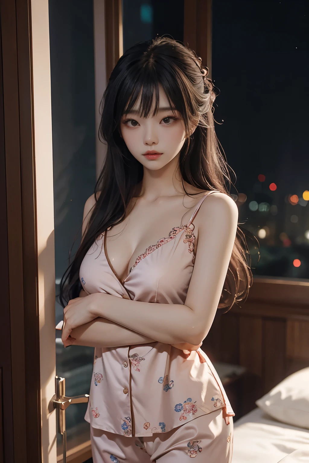 beautiful korean girl looks like 4D painting, 25 yo(1 girl, standing) (view), straight parting hair, hair bang, hair pin, ideal tits, sleeveless deep-v pajama, in room, night (window night background), vibrant colours, studio light, ultra detailed, gentle light, 3D animation