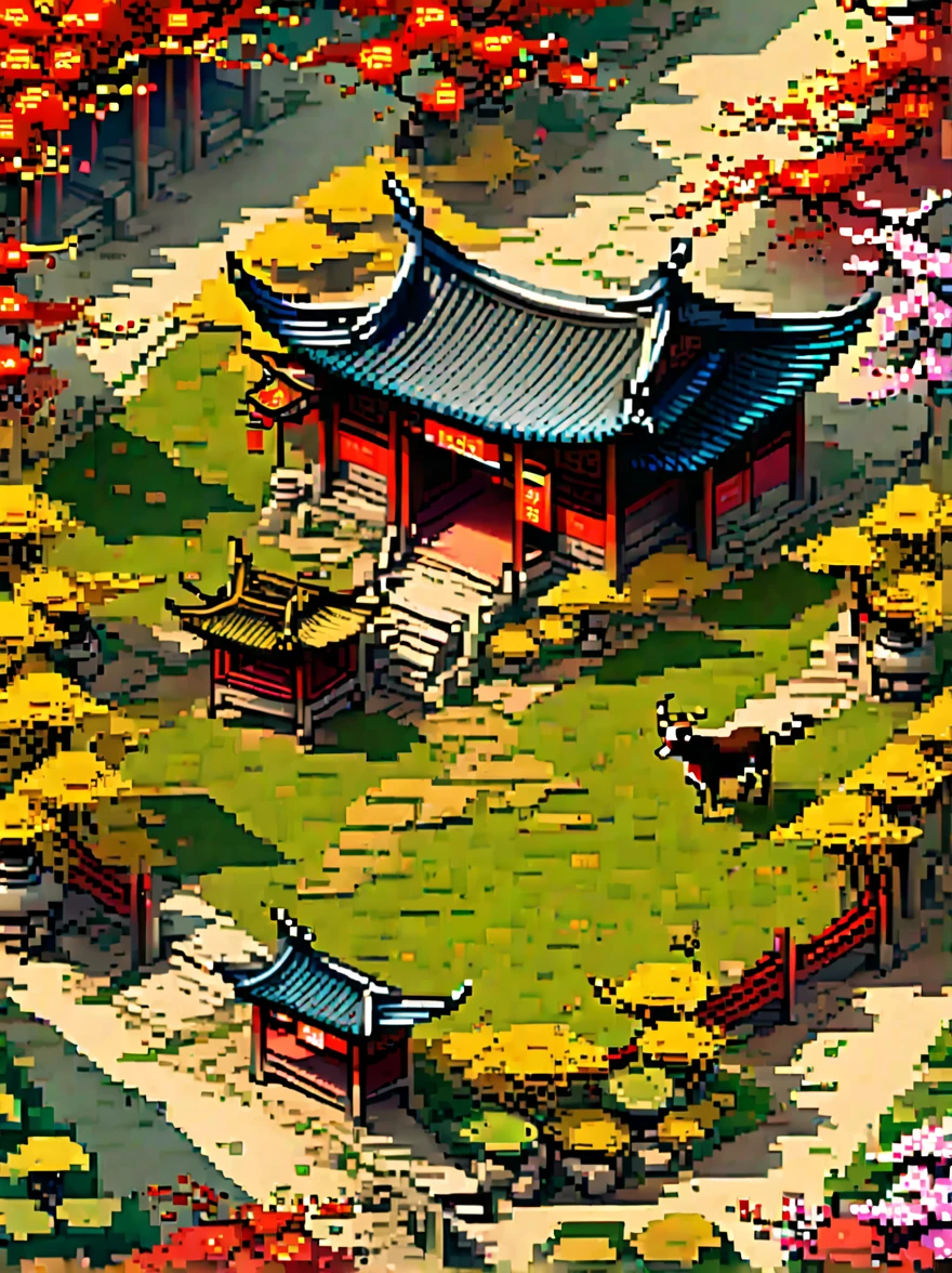 (masterpiece, best quality:1.2), ancient chinese house,bright colors,traditional building,bamboo forest,Flower path,3d,(Aerial view:1.8),((放牧的ox:1.5)),((pedestrian)),((ox)),((swallow))