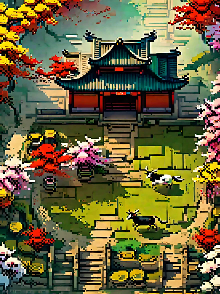 (masterpiece, best quality:1.2), ancient chinese house,bright colors,traditional building,bamboo forest,Flower path,3d,(Aerial view:1.8),((放牧的ox:1.5)),((pedestrian)),((ox)),((swallow))