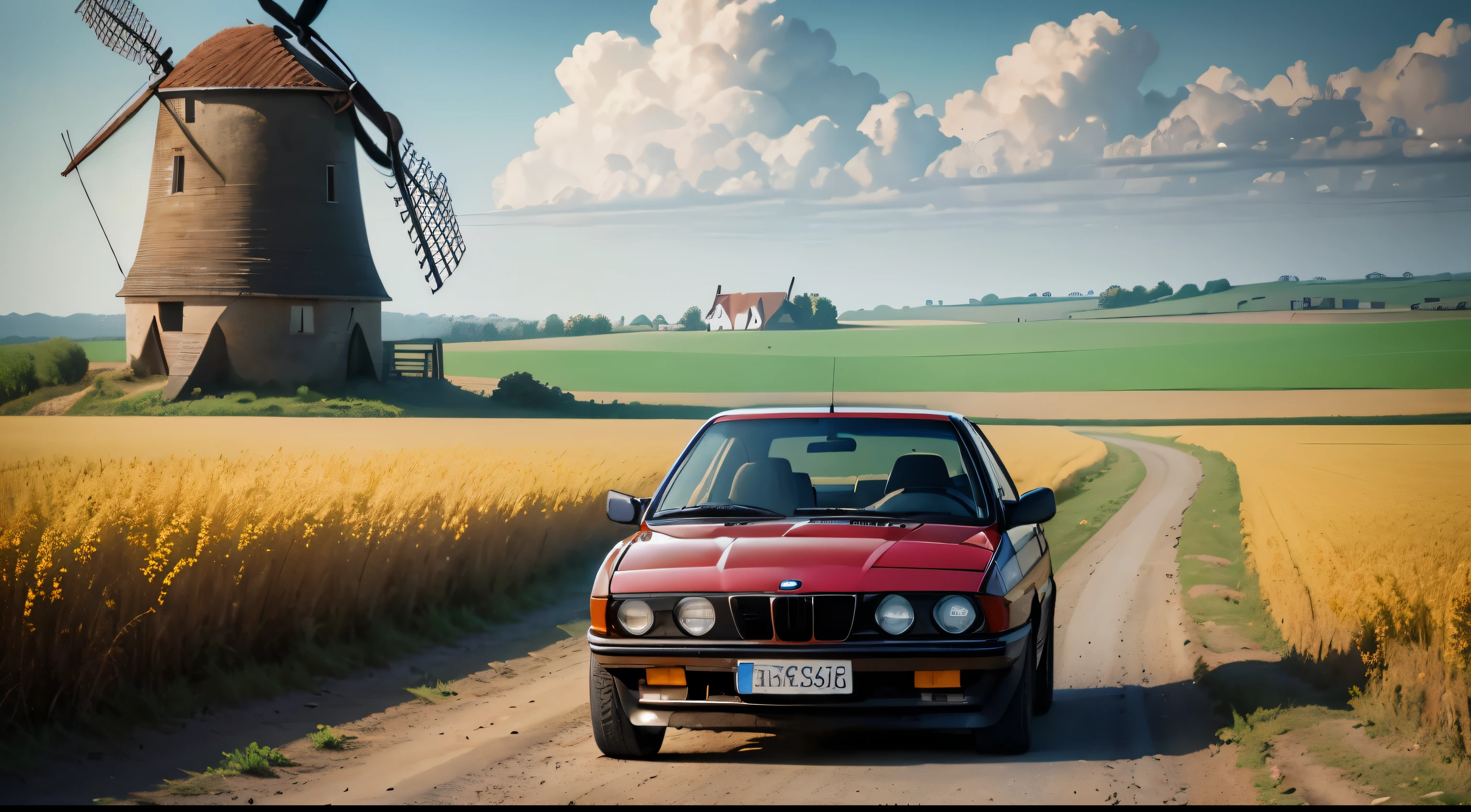 old red bmw e30 car, dirt road, wheat field, Old windmill, Sunny, cloud
