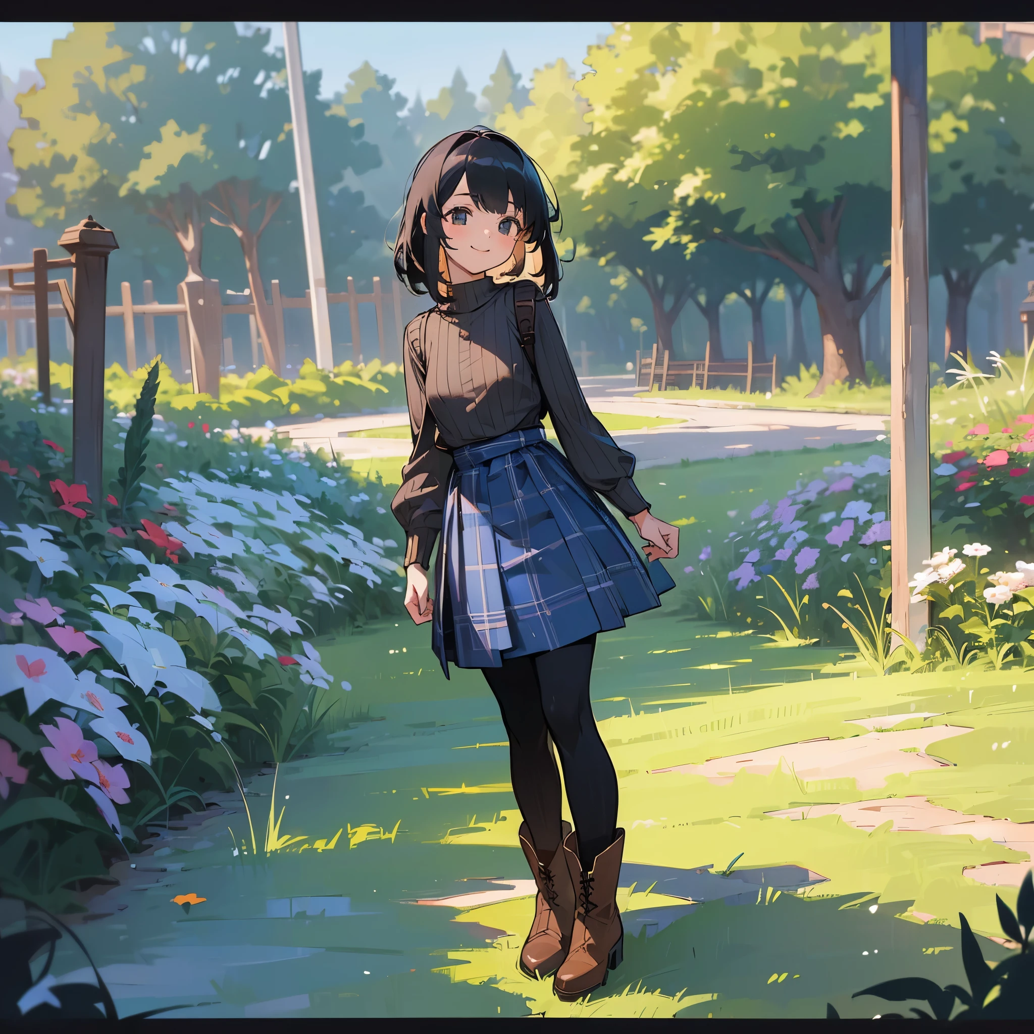 (high quality, high resolution, Super detailed, Reality:1.37), peaceful atmosphere, (outdoor, garden), teenage girl standing alone, (big chest.), beautiful detailed features, cute smile, (black bob hair), ribbed sweater, blue plaid skirt, black tights, brown boots.