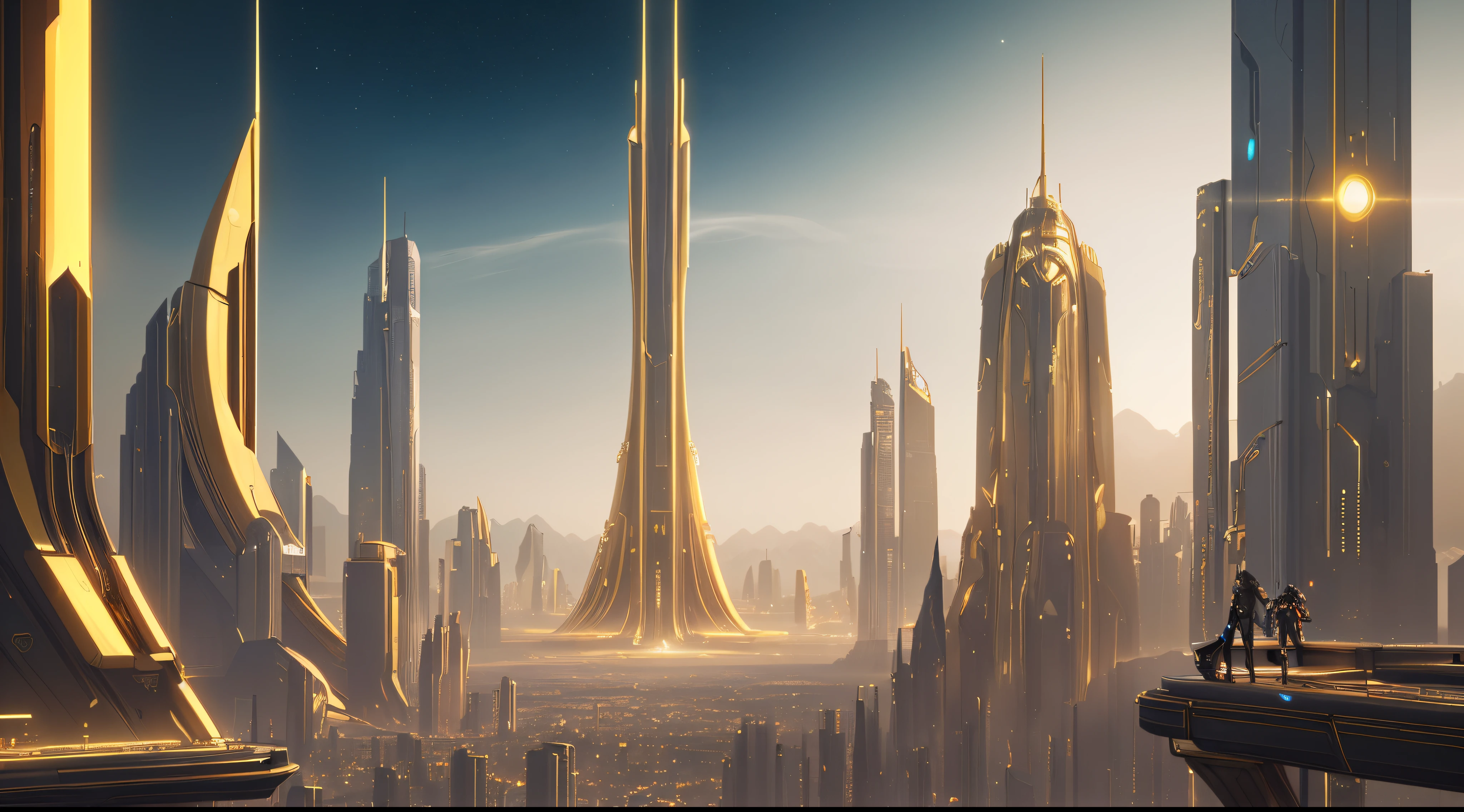 An epic and beautiful cinematic futuristic golden city
