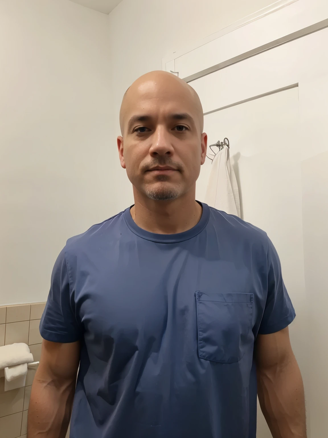 Smooth Bald head. Middle aged. Goatee. Muscular 