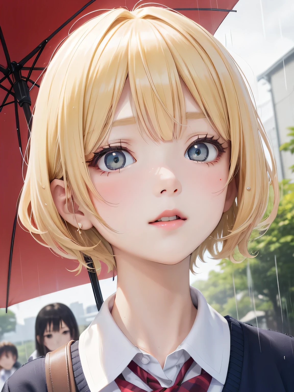 close up of face、blonde、short hair、girl1、school uniform、rain、umbrella