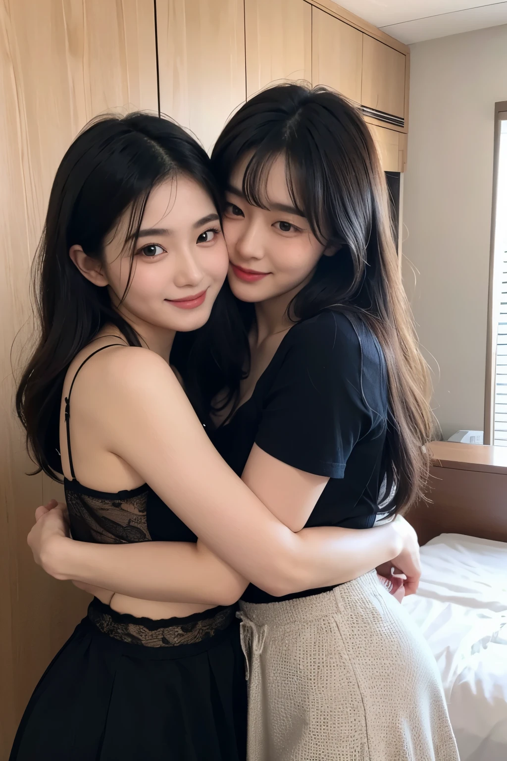 Korean female、Female sexy、K-pop idols、Two Women、Hugging each other、We love each other、A smile、an lingerie