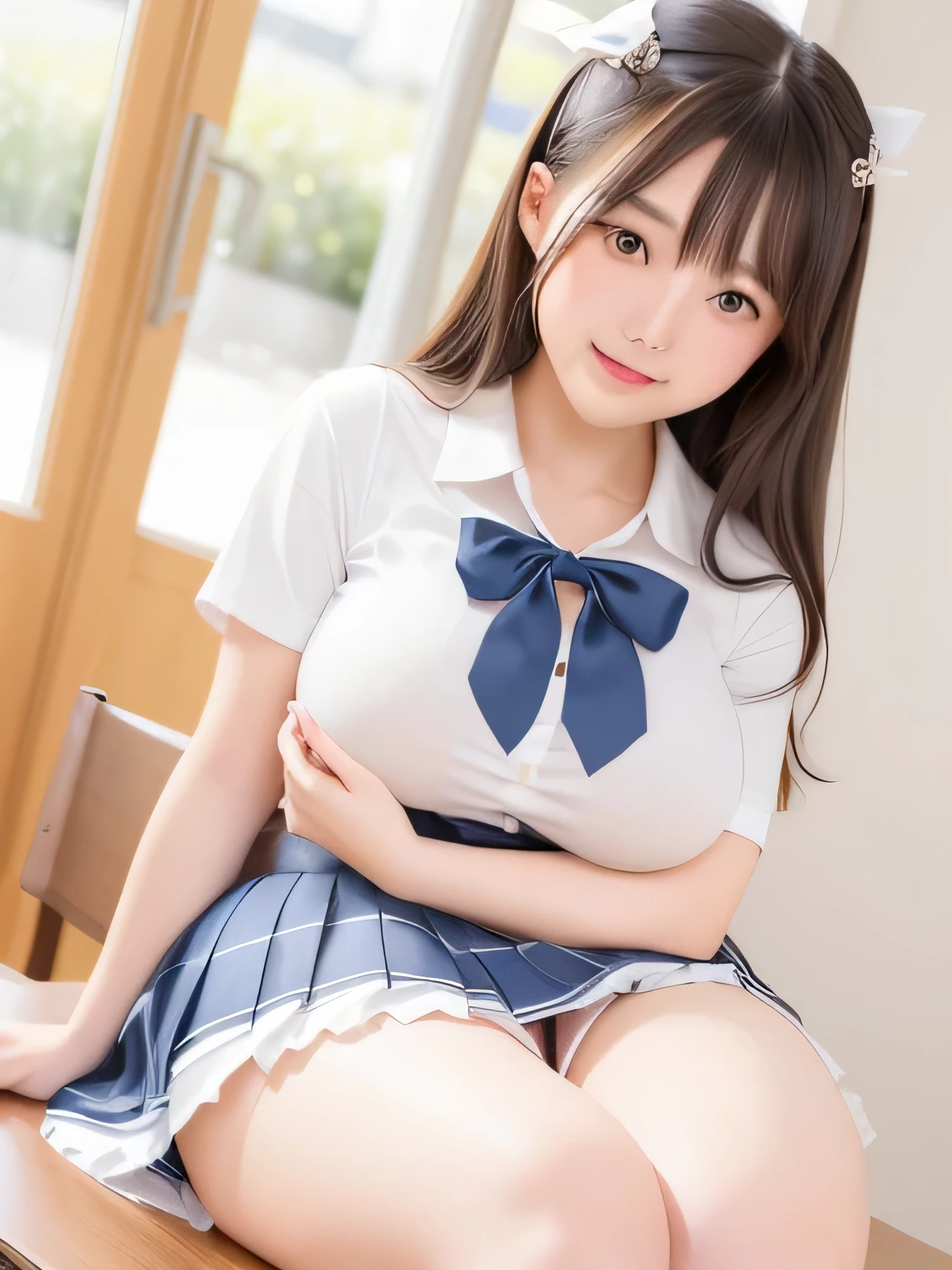 ((highest quality)), ((masterpiece)), perfect face、驚くほどcute 、japanese woman、18 year old female、 very big breasts、nice skin、glowing skin、nice thighs、Shining thighs、 shining legs、Japanese school、Eyes that invite、beautiful eyes、cute、neatly arranged fingers、You can see her beautiful see-through pants、とてもcute、very beautiful thighs、very big breasts、beautiful bust、smile、nude、beautiful nude body、Glamour、Chubby、big ass、looking at camera、cute目、Big eyes、Left and right balanced eyes、Big eyes、Very beautiful big eyes、Wearing Japanese school uniform、 Japanese schoolの制服、surreal 、dress like a high school girl、Her skirt is flipped up and her panties are visible...、panty shot、I can see white pants、18歳のjapanese woman、school classroom、cute