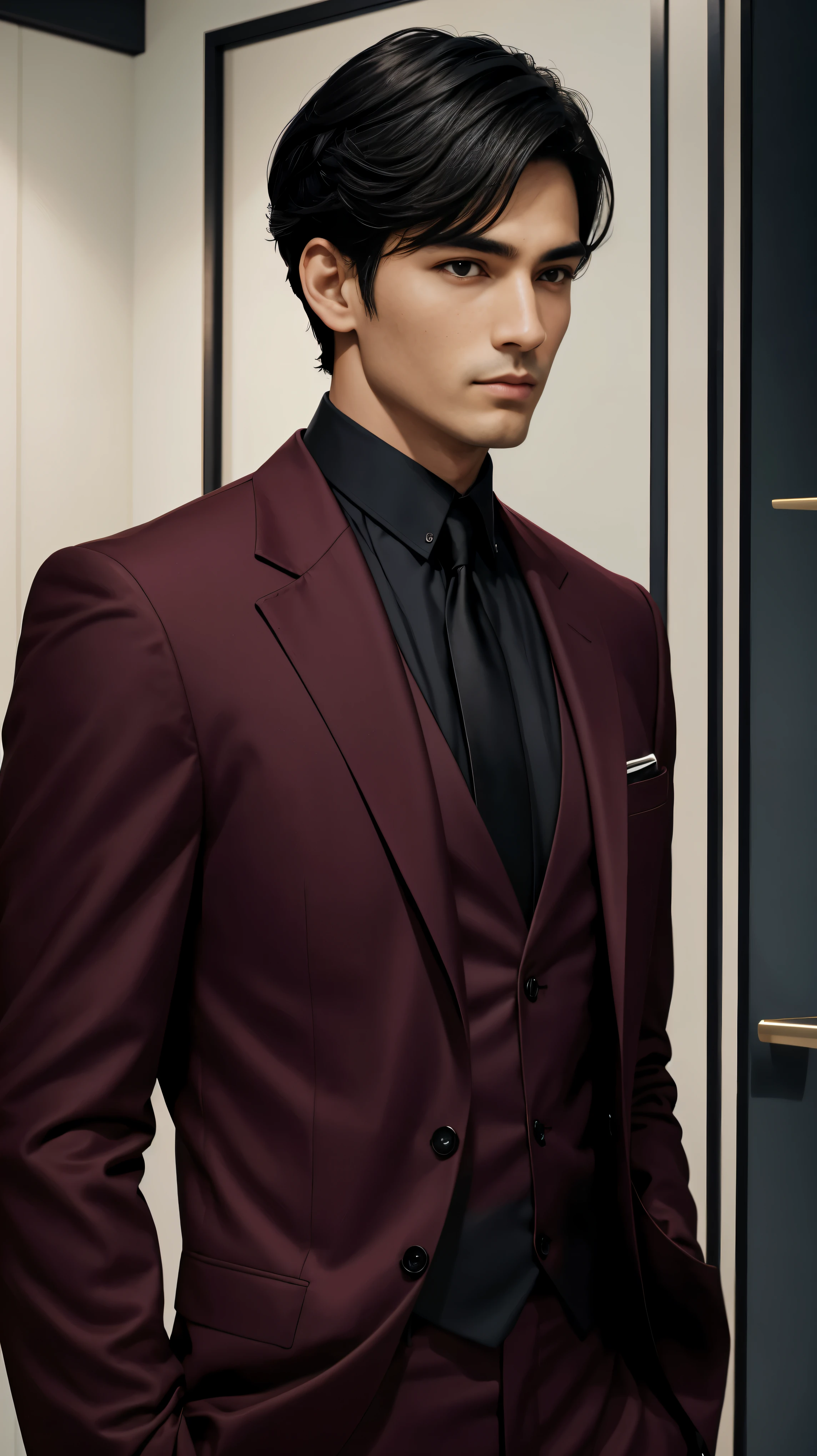 A black-haired man wearing a burgundy suit