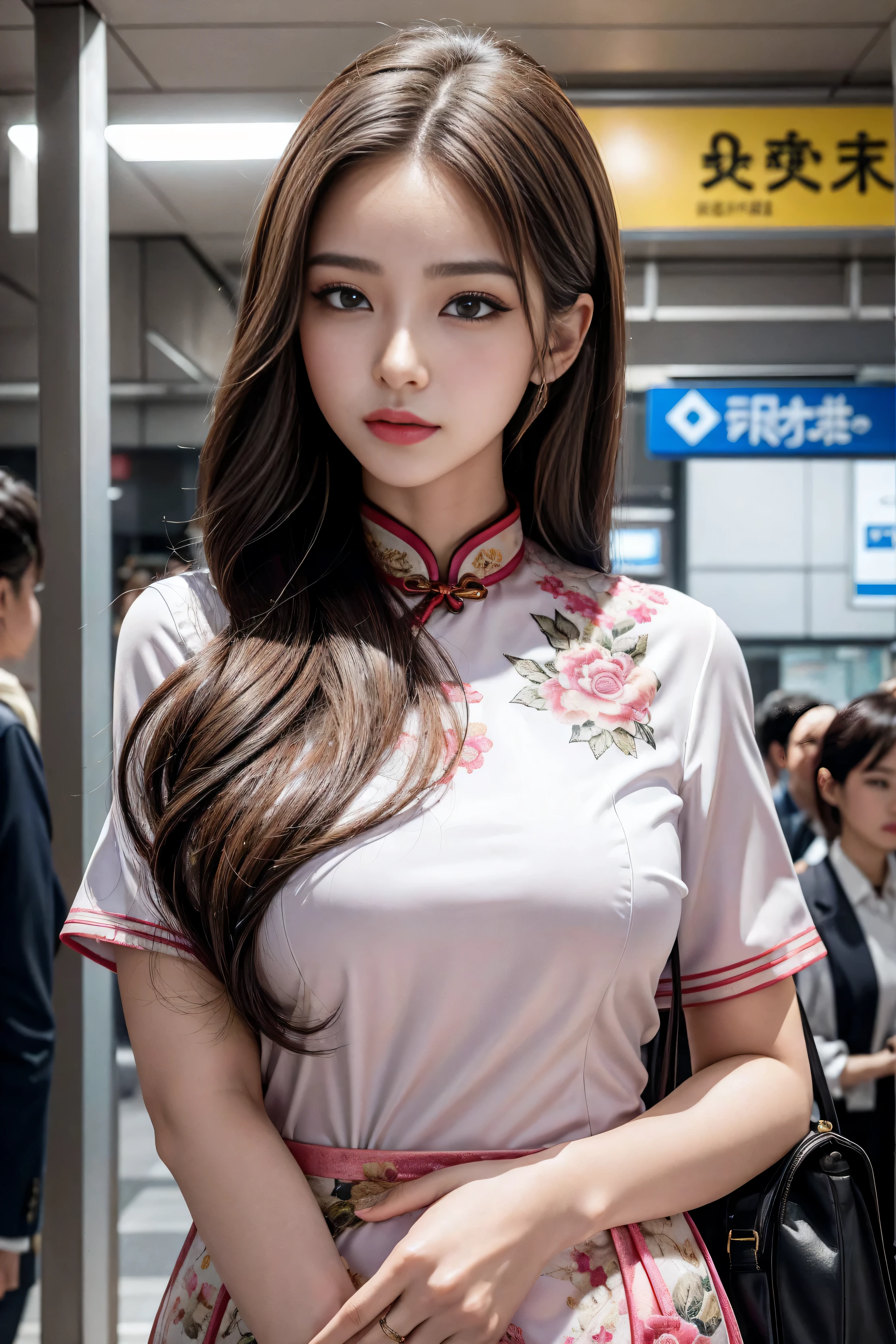 (1 girl), beautiful, amazing face and eyes, long brown hair，cosmetic, (Extremely detailed beautiful face), (The sexiest look), (beautiful big breasts:1.1), (best quality:1.4), (super detailed), (Extremely detailed CG unified 8k wallpaper), Very detailed, original photo, Professional photography, ((cheongsam)), (紧身cheongsam), (超短cheongsam),东京metro station、metro station
