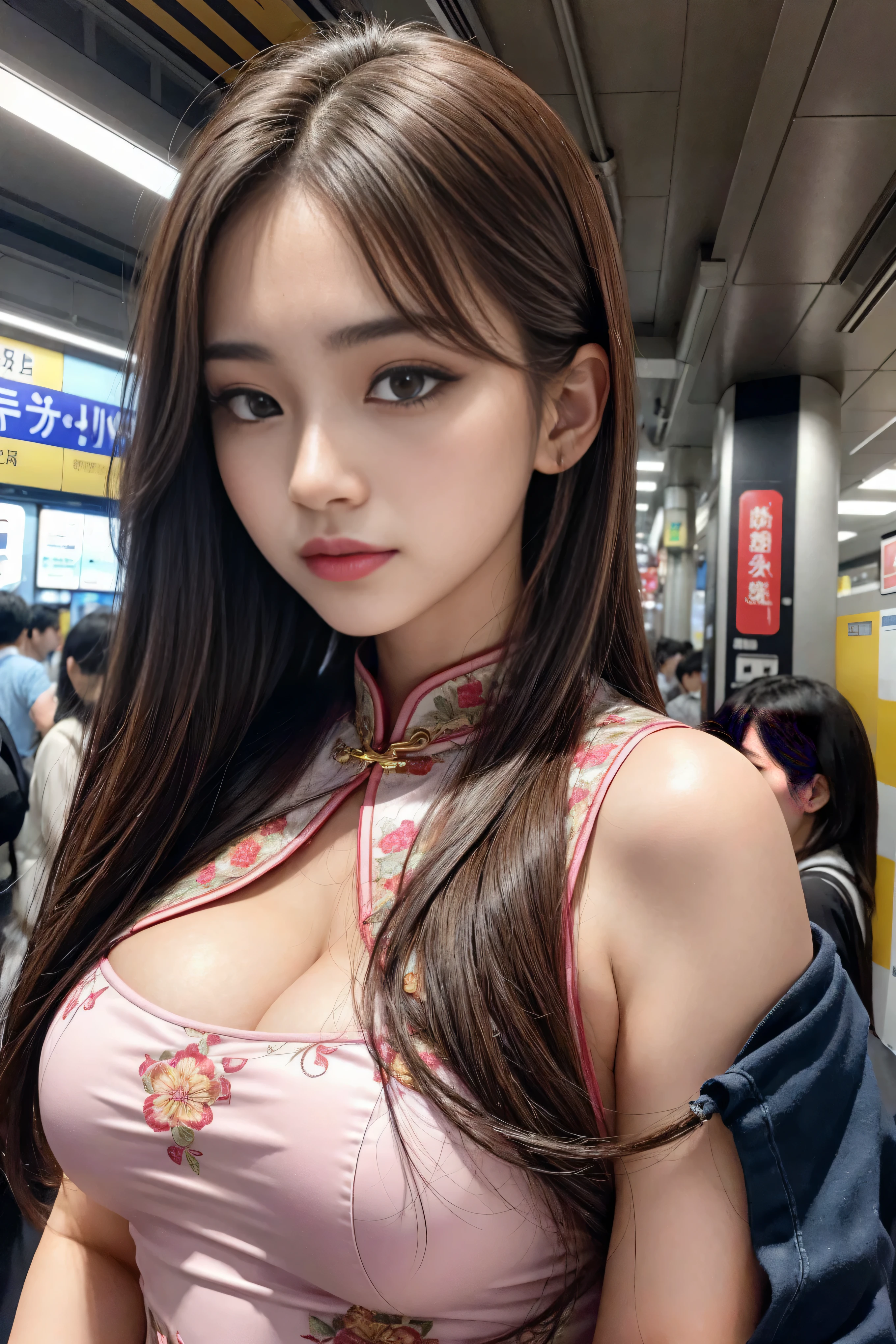 (1 girl), beautiful, amazing face and eyes, long brown hair，cosmetic, (Extremely detailed beautiful face), (The sexiest look), (beautiful big breasts:1.1), (best quality:1.4), (super detailed), (Extremely detailed CG unified 8k wallpaper), Very detailed, original photo, Professional photography, ((cheongsam)), (紧身cheongsam), (超短cheongsam),东京metro station、metro station