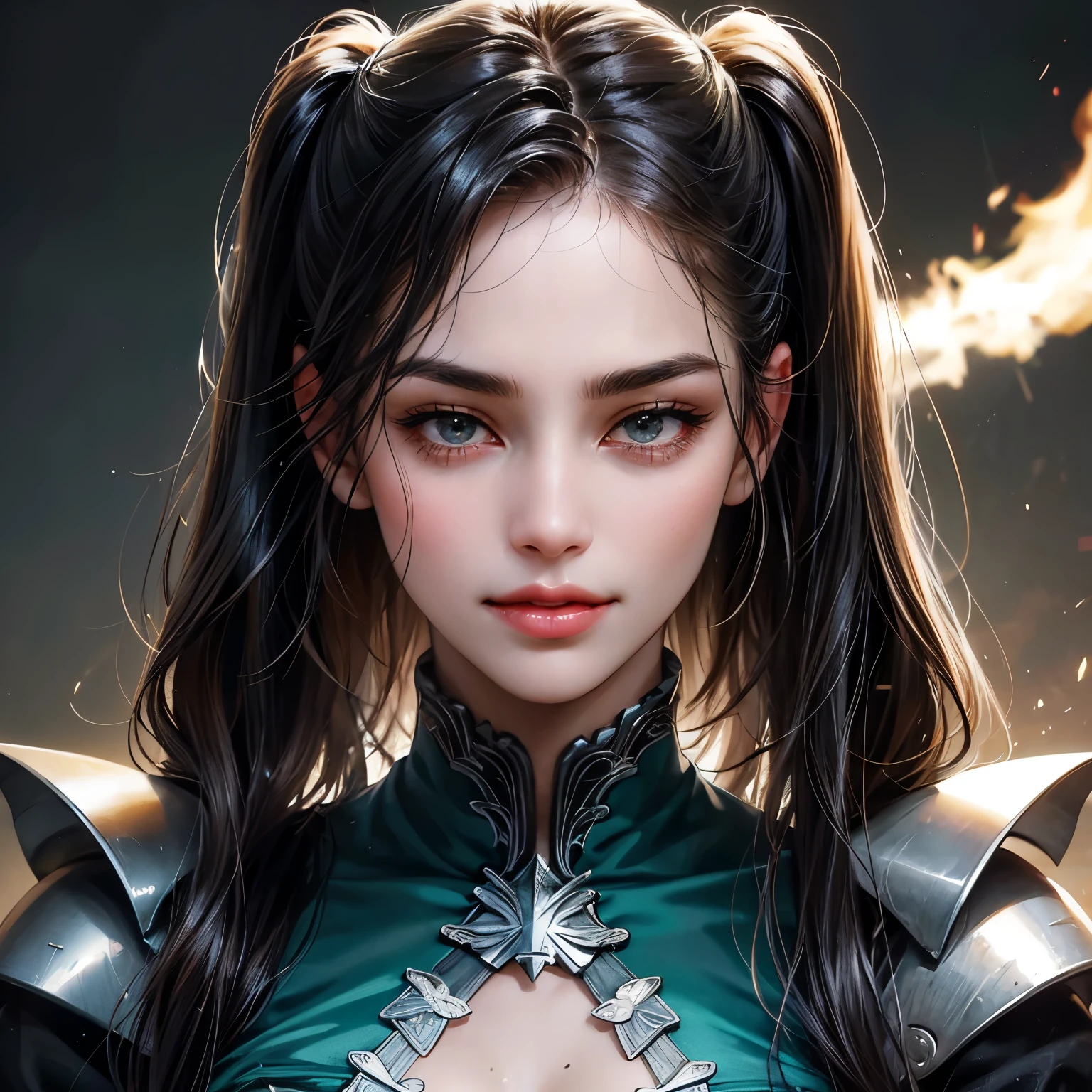Create a face card portrait for a character description capturing the character's face. A young 25 year old feminine character with black hair in pig tails, black eyes, wearing a black and brown feminine warrior gear, she looks tough and dusty. She's a great warrior, she smirks, she's powerful, dark theme, detailed background of the green forces, green explosion in background, dark blue colors, very close up picture with face, detailed, 4k, only face in the picture, close up shot of face, do not show below the neck, extremely close up shot, straight portrait, Ensure the focus is on a straightforward, centered composition with a clear, direct gaze