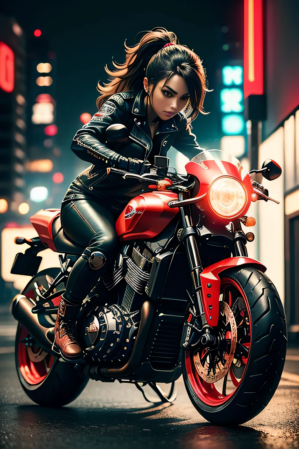 Amidst the neon-lit night, a fearless woman rides on the back of a sleek, red motorcycle. Her leather jacket glows under the pulsing red LED lights, as she grips the handles with a determined expression. The cafe racer roars to life, its tail lights illuminating the road behind, leaving a trail of razor-sharp precision. The Emblem 4D Funko Pop figure of this biker queen captures her essence, with flowing backlit hair and rim lights adding a dynamic touch to the scene. The motorbike, adorned with intricate details, is a testament to Triumph's engineering prowess, as she rides
