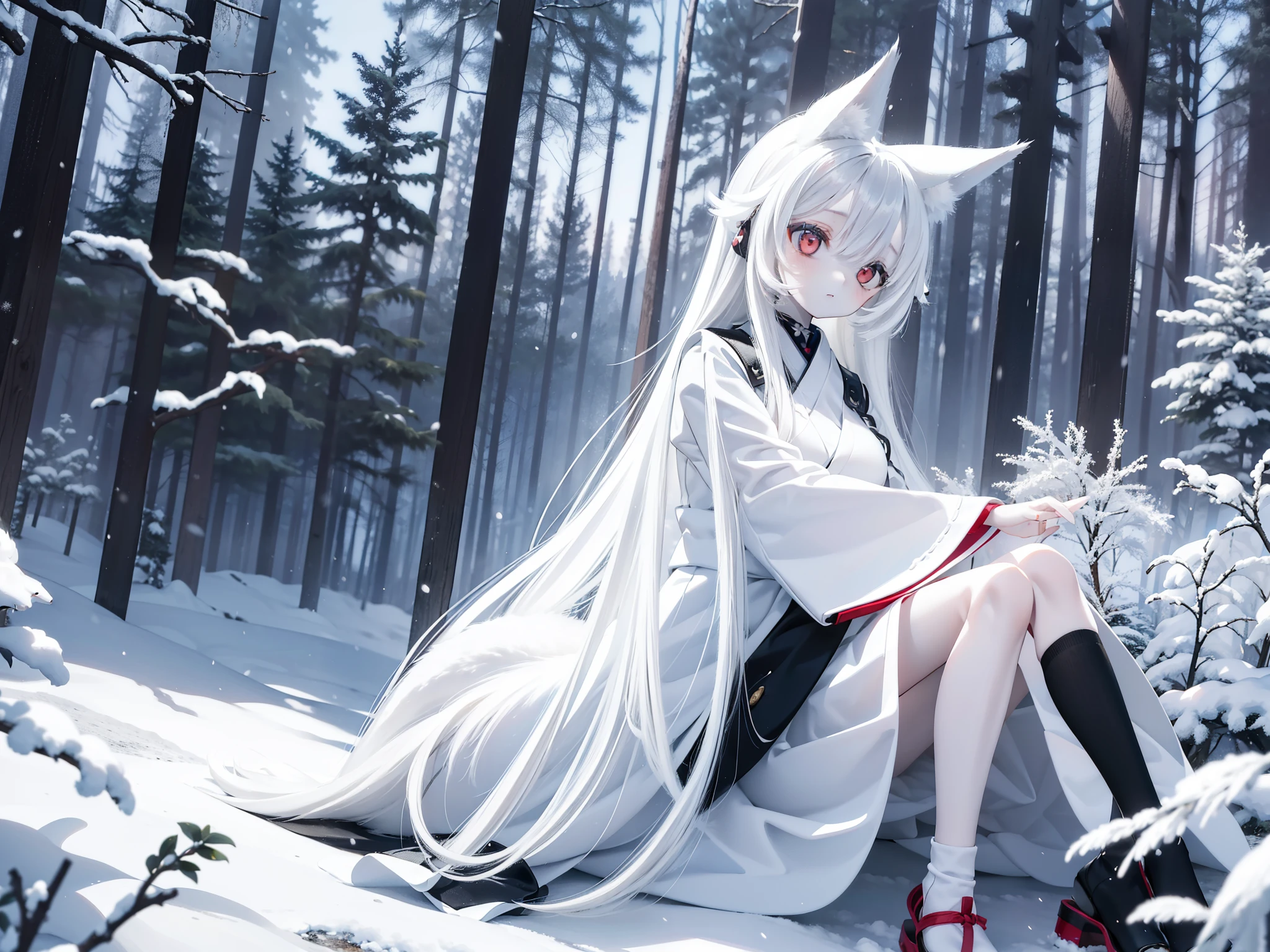 a girl, in the middle of a snowy forest with a white fox, wears a knee-length white dress and has black ears and tail like a fox, she has long black hair and red eyes, the girl was rubbing the fox. Japanese style.