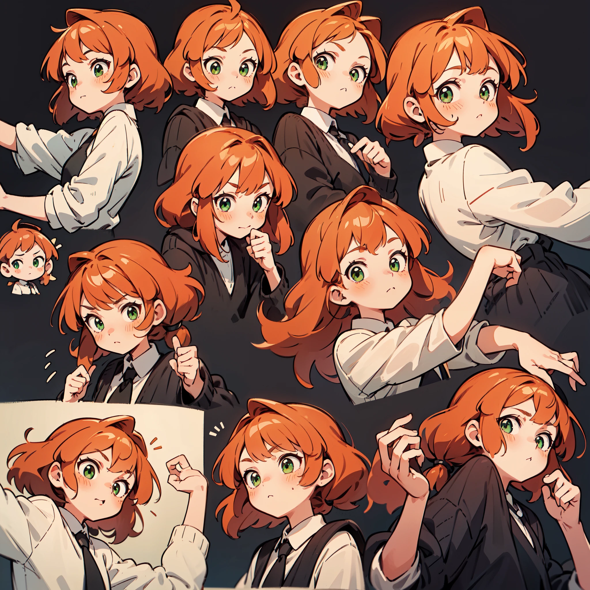 cute girl avatar pack, emoji pack, same girl, red-haired orange hair, green eyes, multiple poses and expressions, white shirt, 4k, masterpiece, best quality, align arrangement