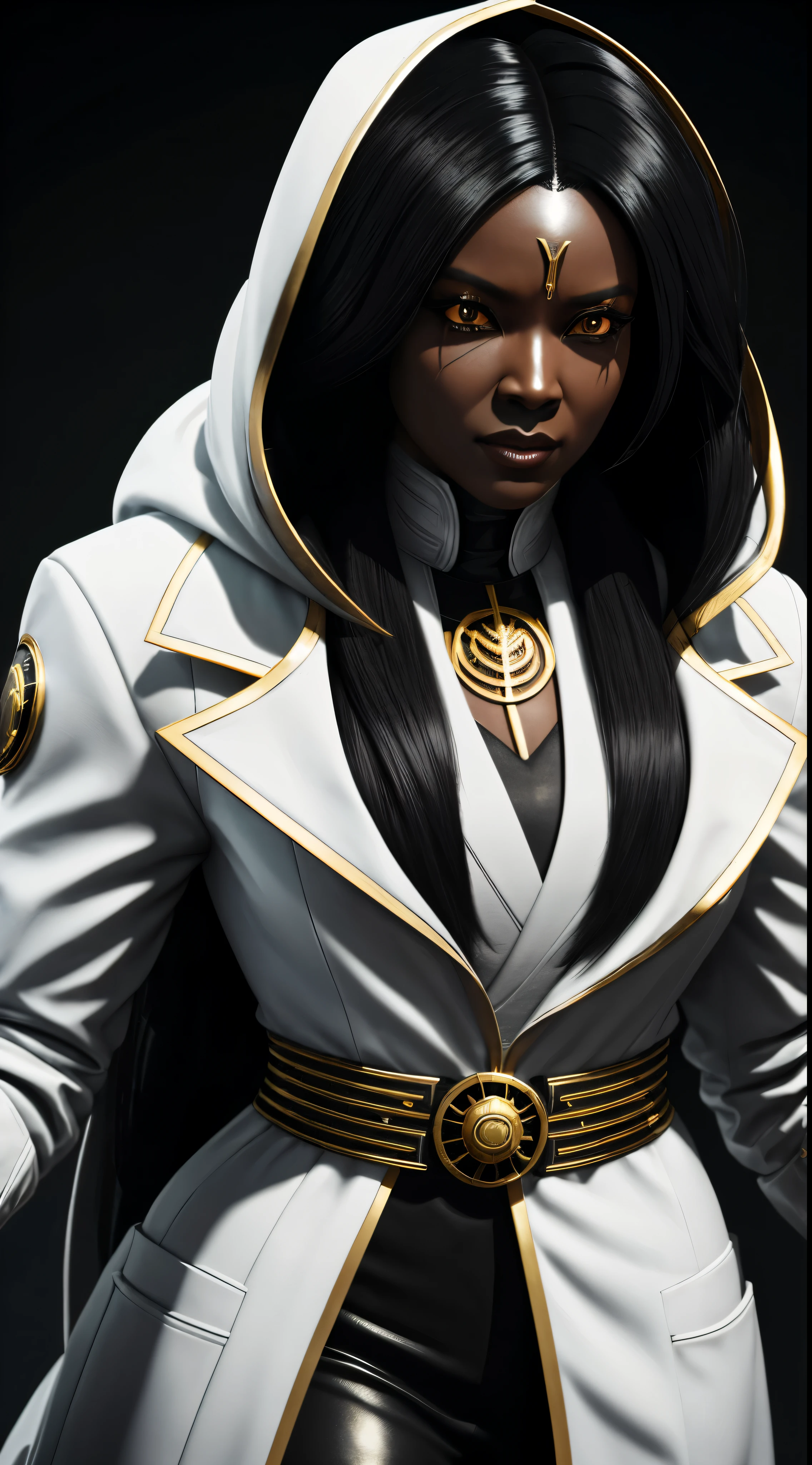 Uma mulher negra cientista malvada com longos cabelos negros vestindo um jaleco branco com detalhes dourados no estilo mortal kombat 11