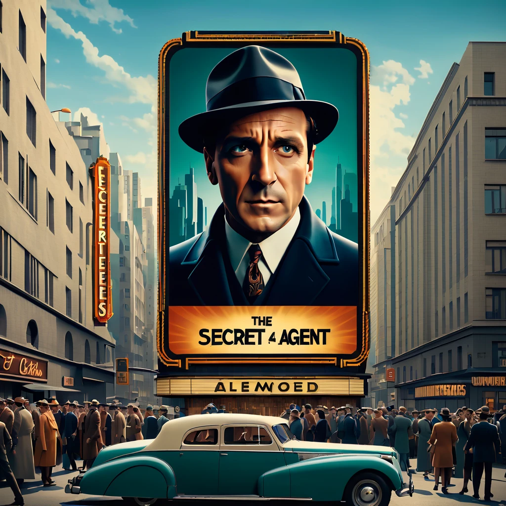 (best quality,4k,8k,highres,masterpiece:1.2),ultra-detailed,on the billboard in the city's cinema, a large poster of the movie with the name "SECRET AGENT", in the background a crowd of people on the streets of a city, (art deco:1.2), 70's.