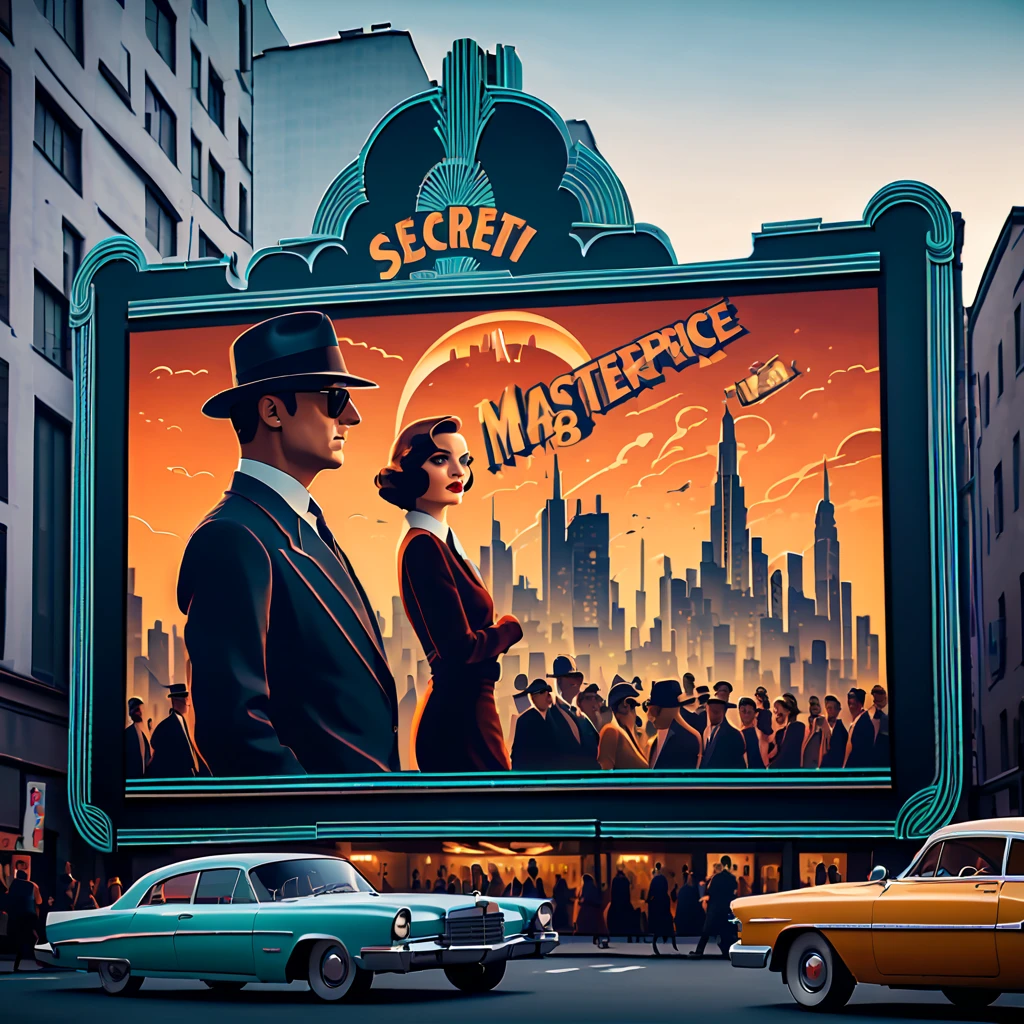 (best quality,4k,8k,highres,masterpiece:1.2),ultra-detailed,on the billboard in the city's cinema, a large poster of the movie with the name "SECRET AGENT", in the background a crowd of people on the streets of a city, (art deco:1.2), 70's.