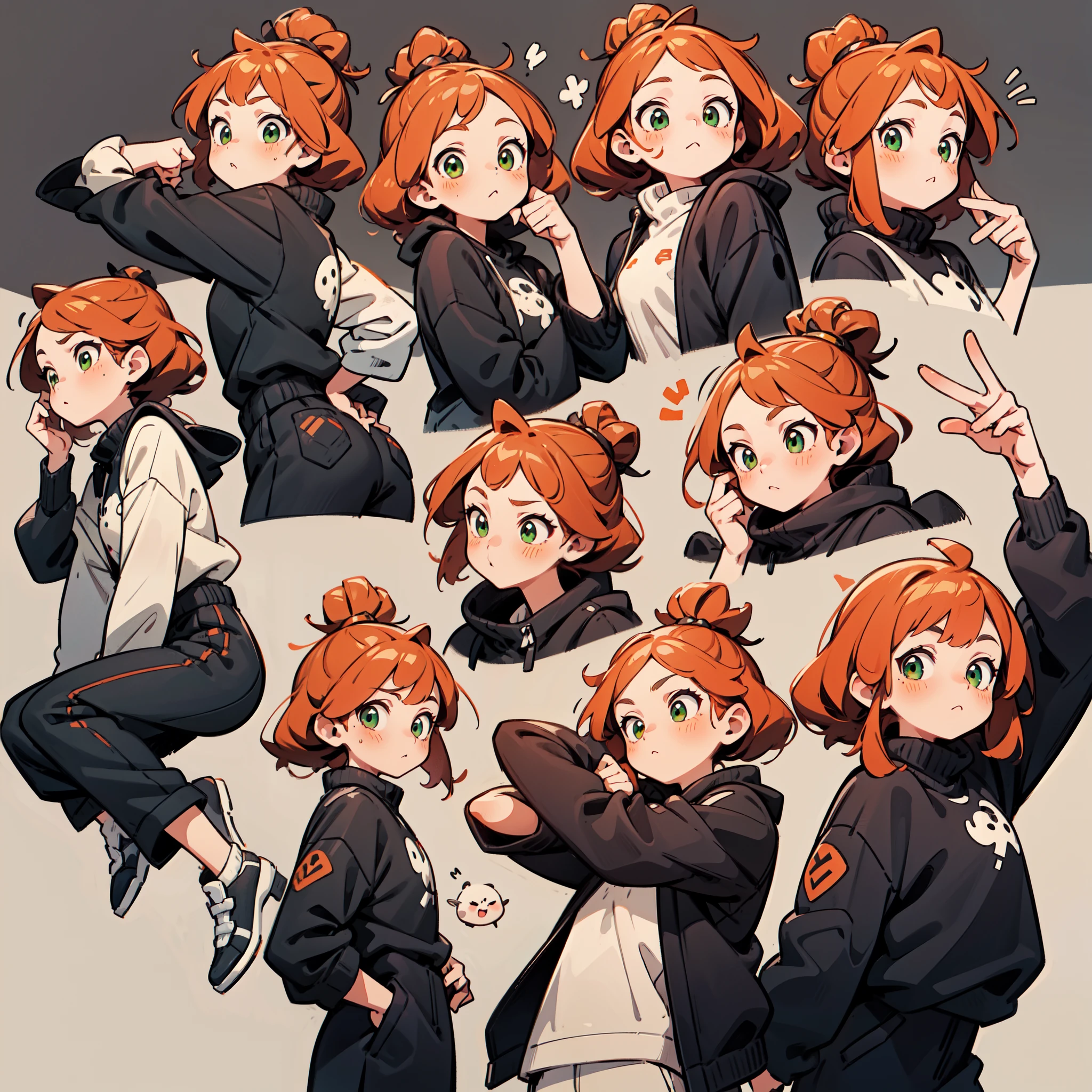 cute girl avatar pack, emoji pack, same girl, red-haired orange hair, green eyes, multiple poses and expressions, white shirt, 4k, masterpiece, best quality, align arrangement