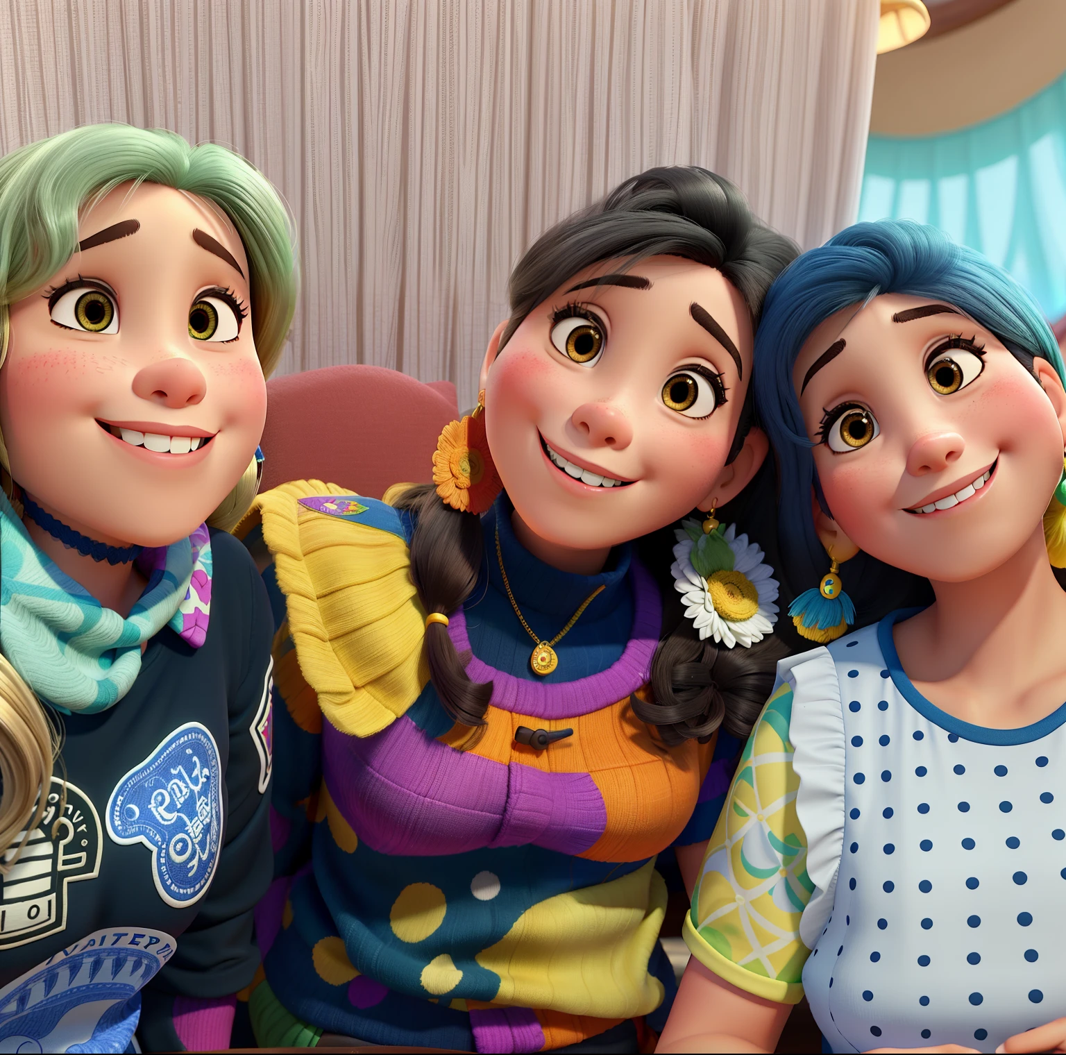 Amigas no estilo disney pixar, alta qualidade, muito felizes indo para uma festa