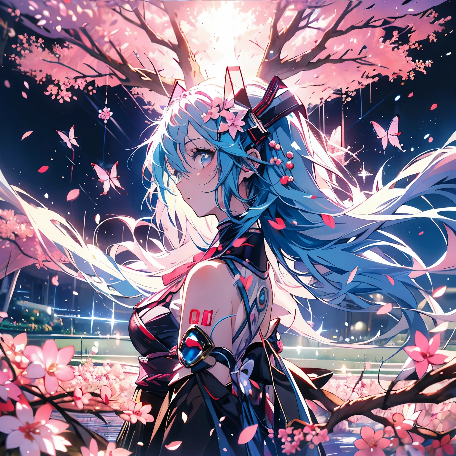 highest quality、masterpiece、anime girl、Hatsune Miku、pink hair、whole body、Cherry hair ornament、cherry blossom background、