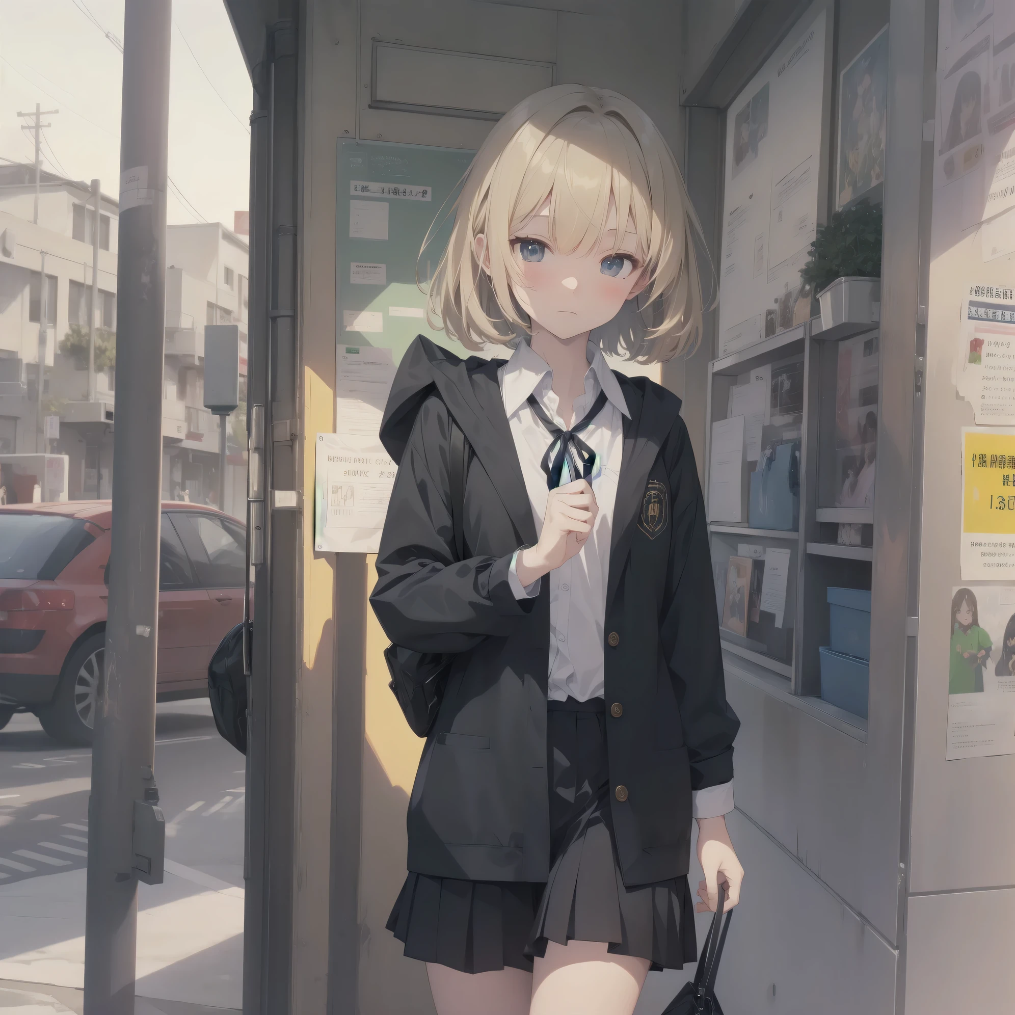 Super absurd quality by the god of art, super detailed, High resolution, anime moe art style, Best Anime 8K Kona-chan Wallpaper, pixiv contest winner, perfect anatomy, break,(眠そうにalone学校へ行く女の子を描いてください. )break,1 girl, (alone,little woman, baby face, 13 years old:1.3),All limbs, full finger,, The charm of an immature body, (very short hair), bangs, flat chest, Small Bodysuits, small ass, between legs, small black eyes, detailed and beautiful eyes, Well-proportioned iris and pupils, expressive eyes, sleepy eyes, High resolutionの詳細な髪, ribbon, neck ribbon, skirt, collared shirt, pleated skirt, school uniform, school bag,(detailed lighting), (detailed background), On the way to school. break,super dense skin, ,Best movie lighting by famous artists, 8k, figure,photoshop_(Moderate),Absurd Hi-Res,Hmm,rough skin