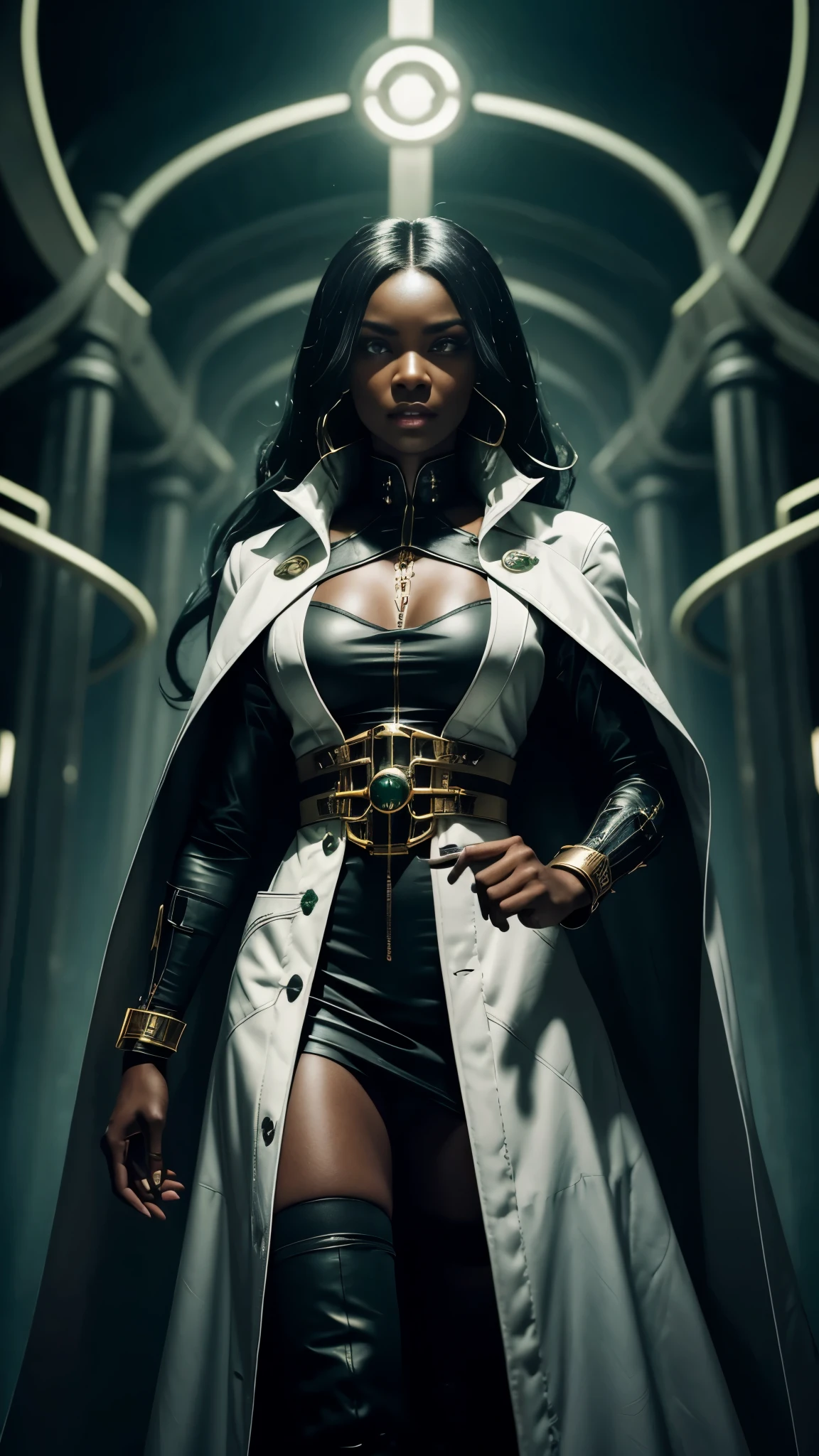 A wicked Black woman scientist in a white lab coat with golden details in the Mortal Kombat 11 style, long black hair cascading down her shoulders, piercing eyes, malevolent expression, sharp cheekbones, detailed features, flawless skin, dominant posture, holding a vial of mysterious substance, vengeful gaze, sinister smile, twisted lips, intense concentration, dark background, ominous atmosphere, cape trailing behind, scientific equipment in the background, glowing green energy emanating from her hands.