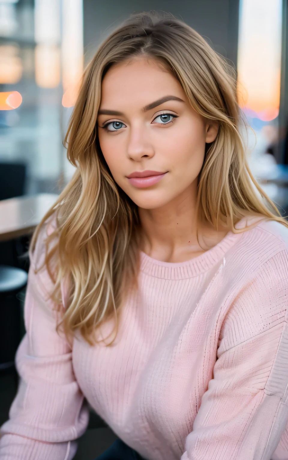 beautiful blonde wearing pink sweater (sipping coffee inside a modern café at sunset), very detailed, 21 years old, innocent face, natural wavy hair, blue eyes, high resolution, masterpiece, best quality, intricate details, highly detailed, sharp focus, detailed skin, realistic skin texture, texture, detailed eyes, professional, 4k, charming smile, shot on Canon, 85mm, shallow depth of field,  kodak vision color, perfect fit body, extremely detailed, foto_\(ultra\), photorealistic, realistic, post-processing, maximum detail, roughness, real life, ultra realistic, photorealism, photography, 8k uhd, photography