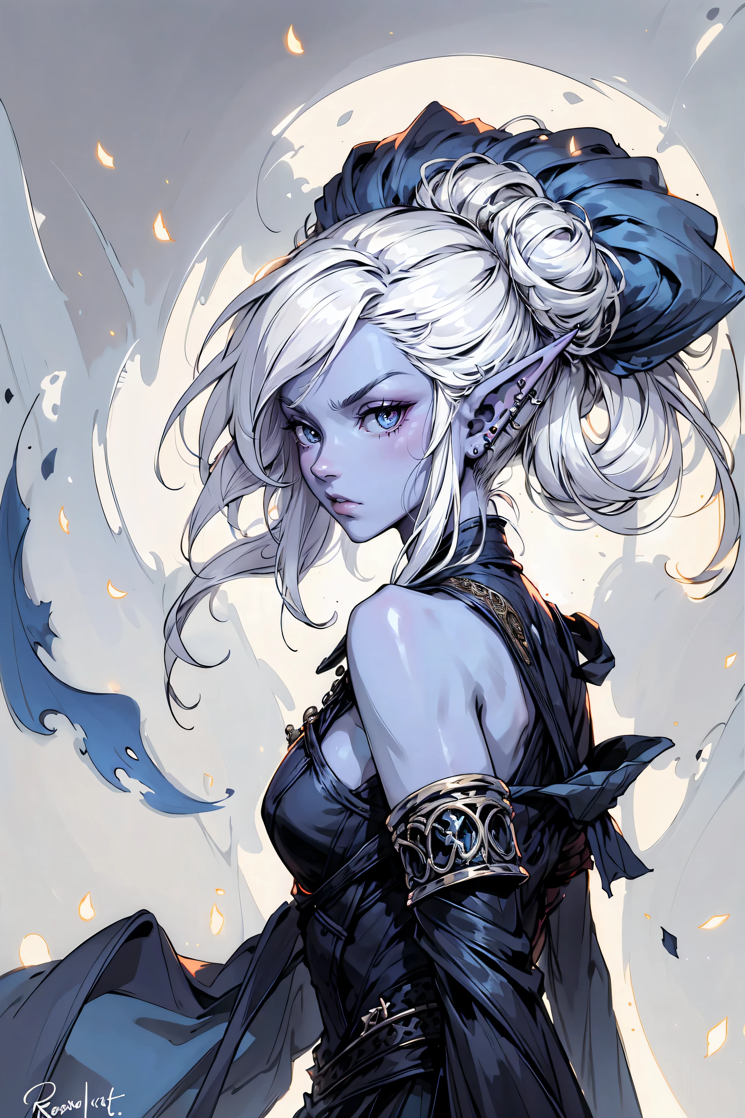 drow,white hair, female, pointy ears, solo,very angry, elf, long hair, colored skin, white hair, blue skin, jewelry, earrings, hair bun, short hair, bare shoulders, profile, upper body, from side, signature, piercing, artist name, ear piercing, nose, lipasterpiece, best quality)), art by greg rutkowski
