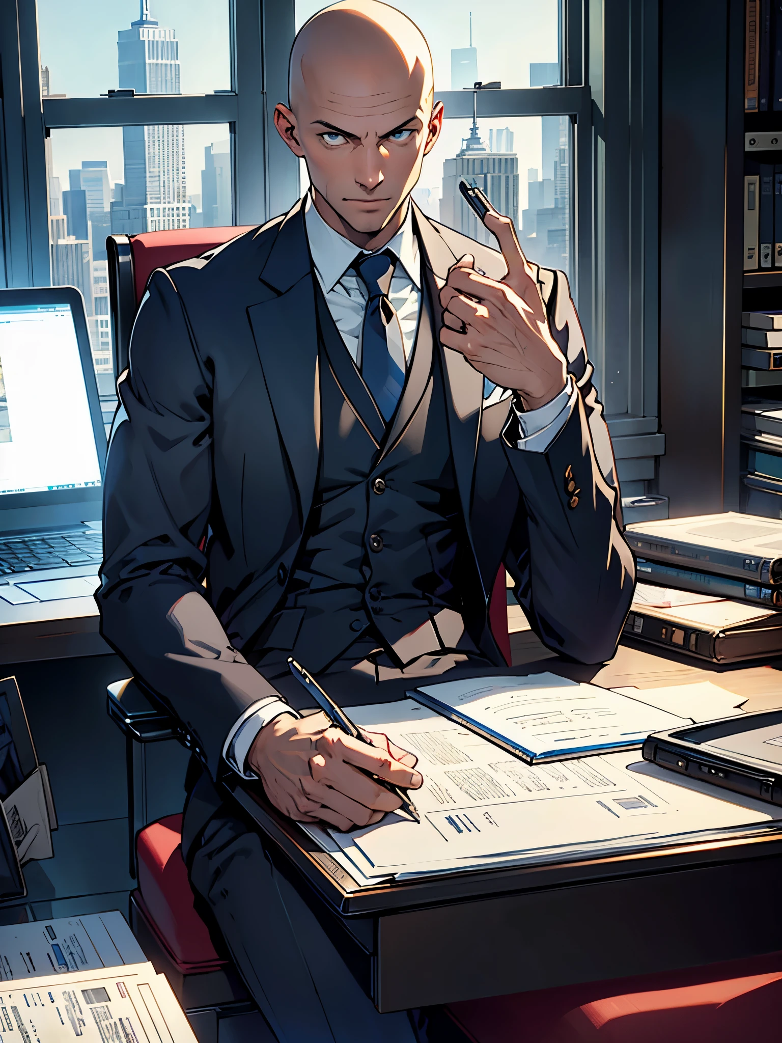 best quality, masterpiece, highres, solo, solo focus, 1boy, mature billionaire, bald head, blue eyes, american, three-piece suit, sitting in a chair, office, desk, laptop computer, empire state building outside window scheming