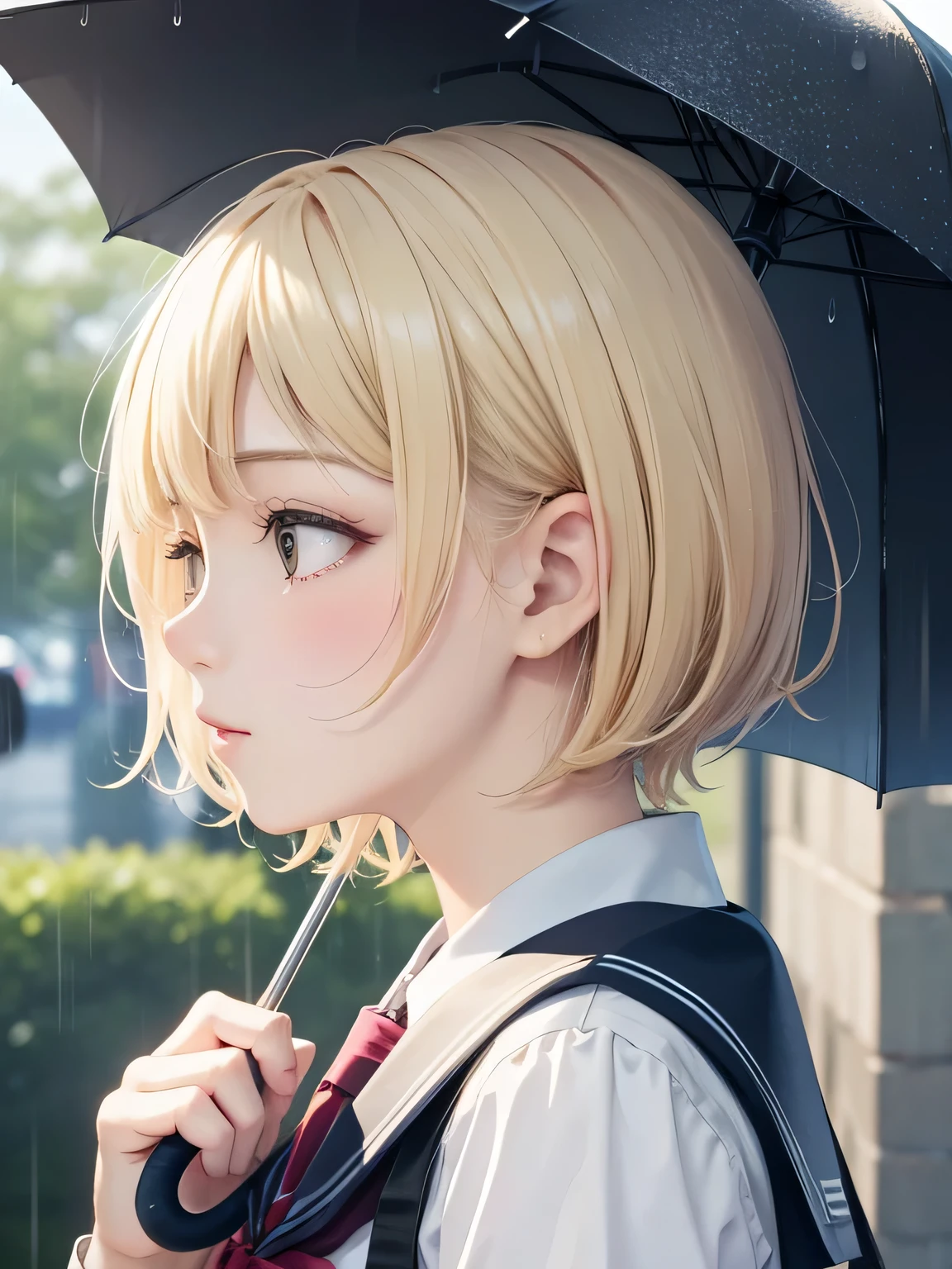close up of face、blonde、short hair、girl1、school uniform、rain、umbrella、profile