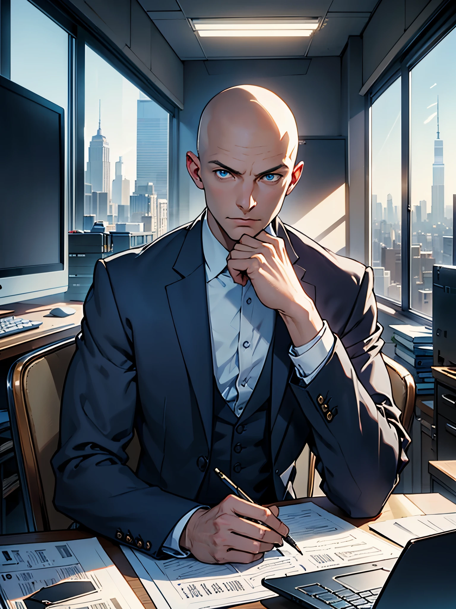 best quality, masterpiece, highres, solo, solo focus, 1boy, mature billionaire, bald head, blue eyes, american, three-piece suit, sitting in a chair, office, desk, laptop computer, empire state building outside window scheming