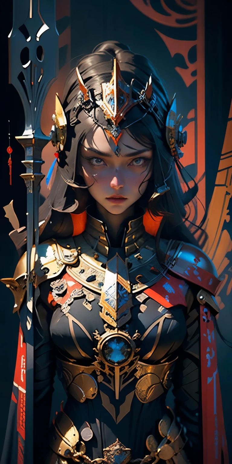 Beautiful extremely tall female pretorianesque castle guard stands watch, holding a long sharped hal blade, clad in alien mechanically complex foreign armor, helmet with long grebes of red blue and gold, armor of gold silver pearl and onyx, alien desert planet mountainous background, high elegant castle walls and gate, a guard at the gate, anger, determination, pained, stands stoically, oil painting art style, oil paint brush strokes, 64k resolution, hyperdetailed, classical science fiction in the style of James Chambers,