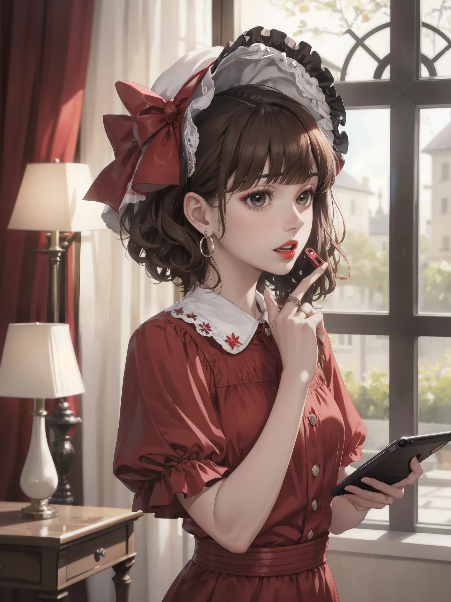 colorful, hezi, cosplay costume, beauty, stunning, 1girl, corded phone, solo, ring, jewelry, brown hair, realistic, talking on phone, phone, earrings, holding, parted lips, brown eyes, bangs, upper body, holding phone, curly hair, bow, looking to the side, bonnet, hair bow, blurry, lamp, lips, black eyes, indoors, blurry background, teeth, kettle, shirt, curtains, hand up, buttons, red lips, looking at viewer, medium hair, hat, nose, cellphone, red dress, dress, short sleeves, short hair, looking away, blunt bangs, open mouth, window, lipstick