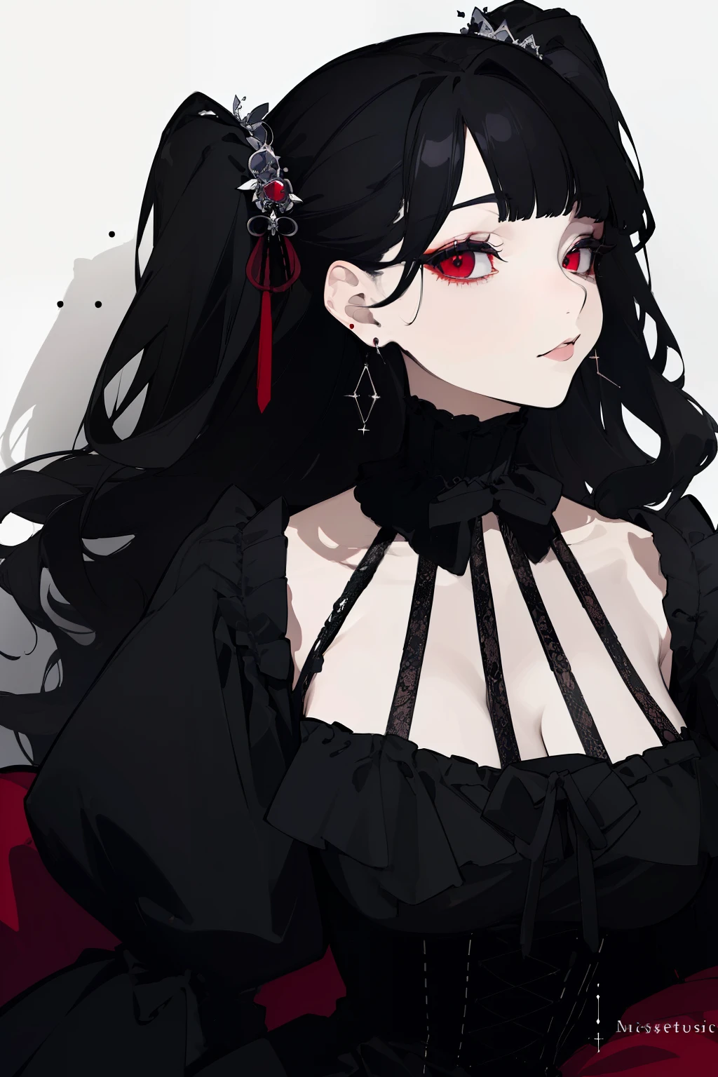 (highest quality、masterpiece:1.2), ((mature woman))huge , adult face、black hair、two side up、red eyes, (dark eye shadow、lots of earrings) gothic dress, black dress, victorian dress