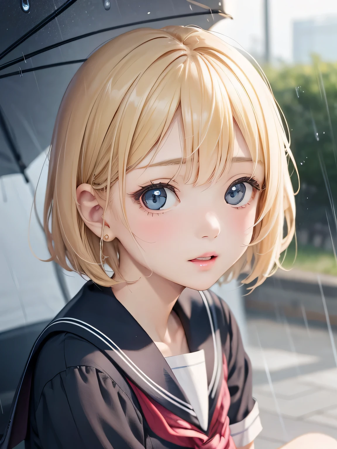 close up of face、blonde、short hair、girl1、school uniform、rain、sit