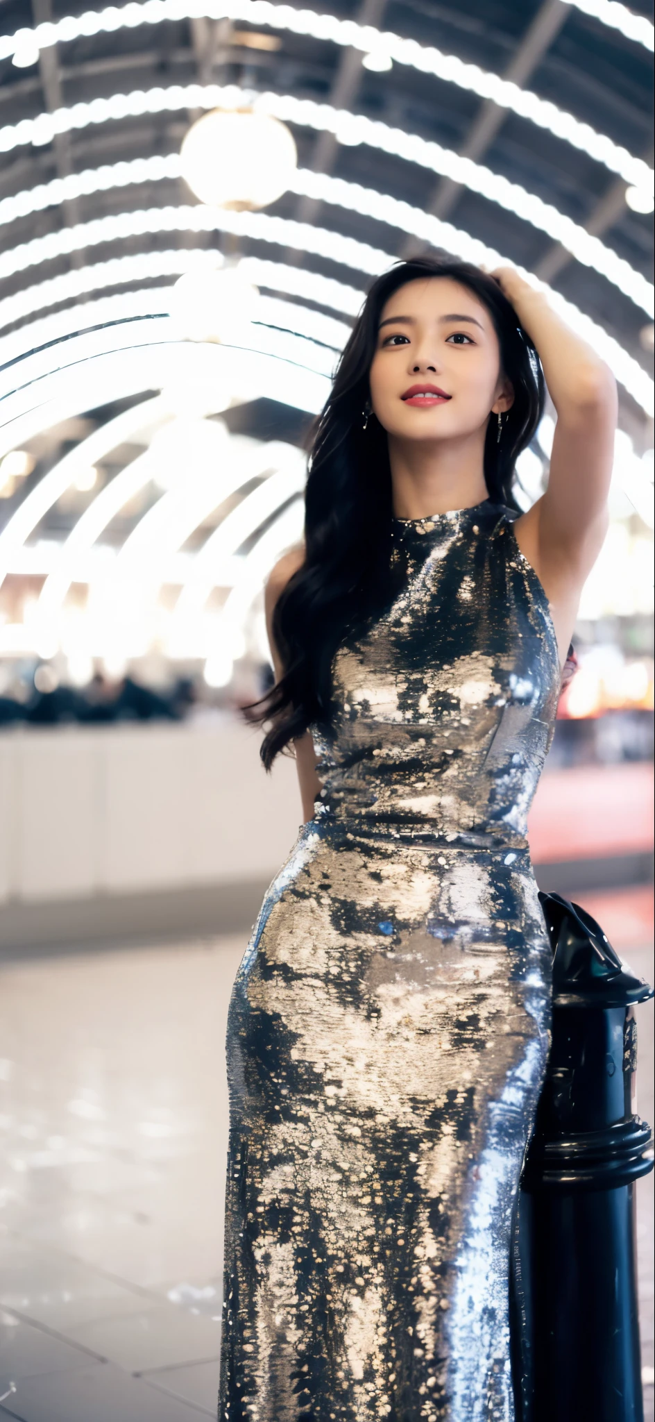 ((​Masterpiece, Top image quality, high resolution、alone、skin shiny))(on the table, best quality, actual, super detailed, meticulous, high resolution, 8k wallpaper), Close-up portrait of a beautiful woman, like, smiling, light brown messy hair, Perfect dynamic composition, 美丽meticulous的眼睛, Just like the cover of a fashion magazine, on campus，Gorgeous costumes，hot stamping clothing，