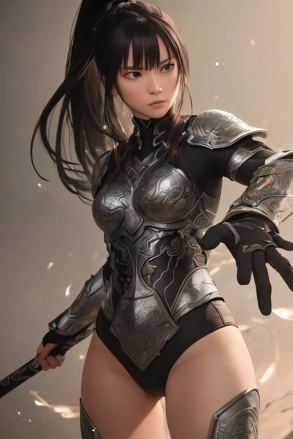 (A masterpiece of ultra-detailed CG art in Unity 8K resolution,) with the best illumination and shadows. Show me a floating image of a determined female warrior with a sleek black high ponytail and an unyielding gaze. She is a devoted monk who has trained tirelessly to perfect her combat skills. Let the elements swirl around her as she prepares to face any challenge that comes her way.