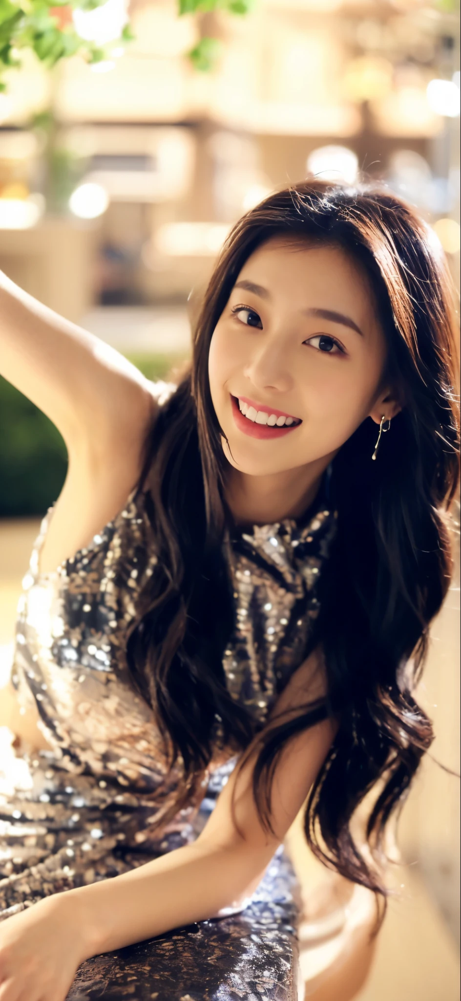 ((Masterpiece, Top image quality, high resolution、alone、skin shiny))(on the table, best quality, actual, super detailed, meticulous, high resolution, 8k wallpaper), Close-up portrait of a beautiful woman, like, smiling, light brown messy hair, Perfect dynamic composition, 美丽meticulous的眼睛, Just like the cover of a fashion magazine, on campus,Gorgeous costumes,hot stamping clothing,