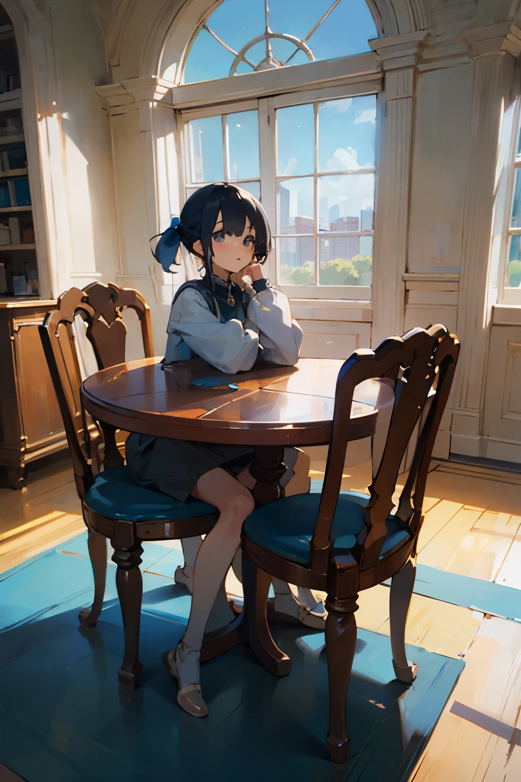 blue sky、Window frame、indoor、round table、girl sitting on a chair