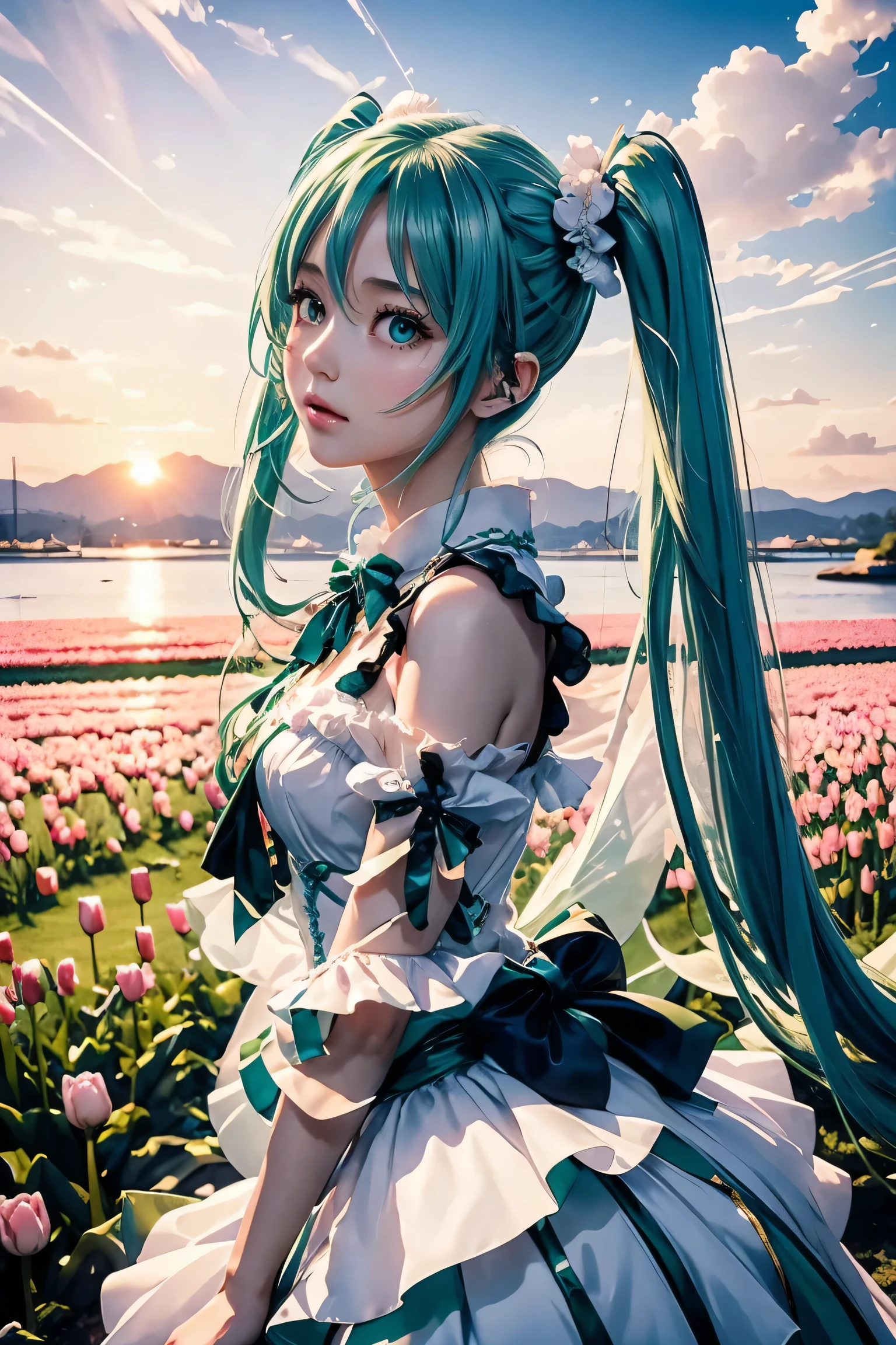 hatsune miku,twin tails,Beautiful emerald green eyes,white skin,hatsune miku costume,white ruffle dress,green ribbon around neck,super high quality,super high quality,masterpiece,digital single lens reflex,realistic,Detailed details,vivid details,depicted in detail,detailed face,Detailed details,Super detailed,realistic skin texture,based on anatomical basis,perfect anatomy,anatomically correct hand,anatomically correct fingers,Complex 3D rendering,sexy pose,beautiful tulip field,fantasy world view,fantastic sunset,fantastic sunset,beauty like a painting,Take a full body photo,nine-headed body,pink lip,Beautiful curly hair,emphasize the beautiful whole body,