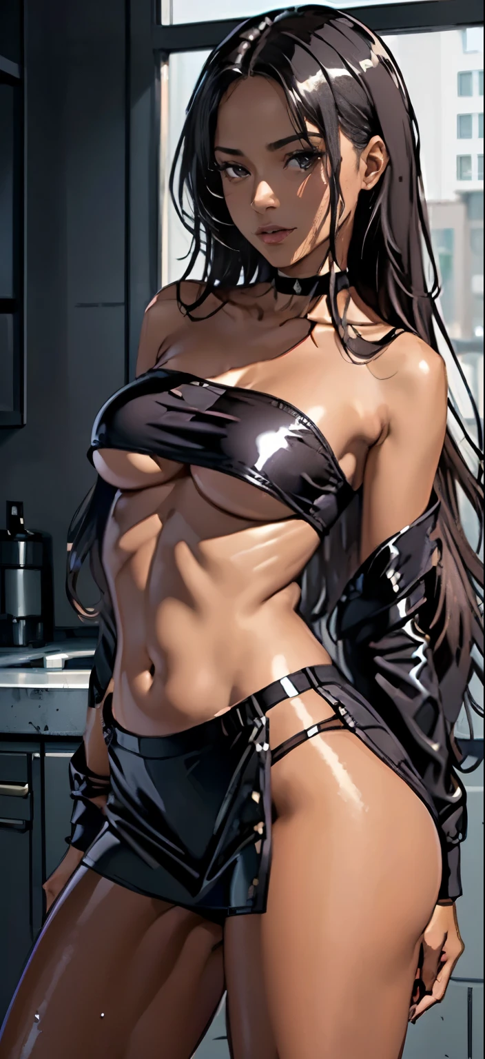 best quality, nsfw, extremely beautiful, extremely beautiful, long wavy dark hair, (Woman Dark : 1.1), (Brown skin : 1.1), (Shiny skin : 1.5), big breasts, black sexy latex dress, ((off the shoulders,women's suit shorts, without bras)), underboob, ((upper chest,upper chest:1.2)), arousal pose, black choker, ((tiny micro skirt with thong : 1.1))