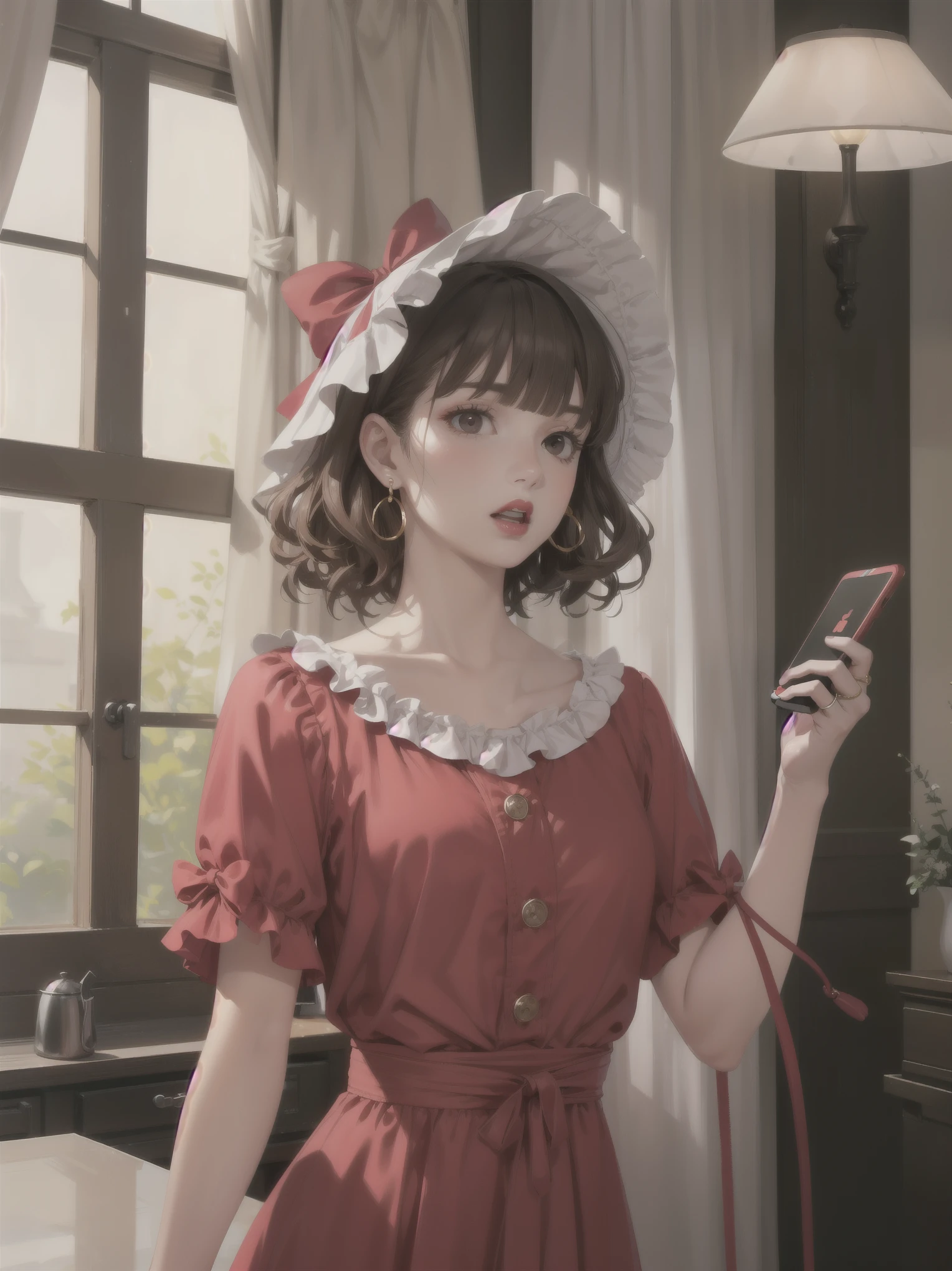 colorful, hezi, cosplay costume, beauty, stunning, 1girl, corded phone, solo, ring, jewelry, brown hair, realistic, talking on phone, phone, earrings, holding, parted lips, brown eyes, bangs, upper body, holding phone, curly hair, bow, looking to the side, bonnet, hair bow, blurry, lamp, lips, black eyes, indoors, blurry background, teeth, kettle, shirt, curtains, hand up, buttons, red lips, looking at viewer, medium hair, hat, nose, cellphone, red dress, dress, short sleeves, short hair, looking away, blunt bangs, open mouth, window, lipstick